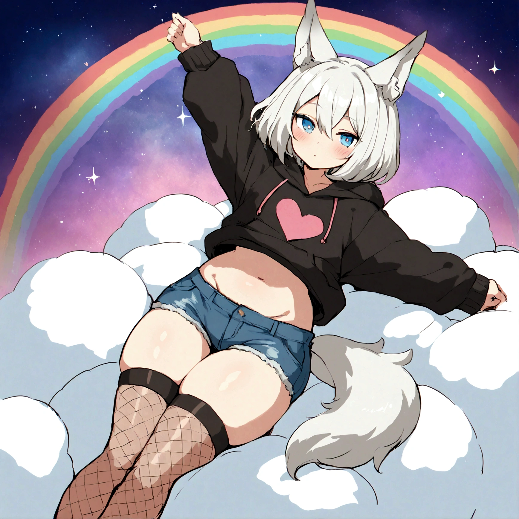 a cute adult male with wolf ears, white hair, has a wolf tail, wearing a loose cropped oversized black hoodie, wearing a pair of denim short shorts and thigh high fishnet stockings, thick thighs, wide hips, relaxing on mound of fluffy multi colored kawaii plushies, short, very slim, showing slender tummy, stretching out, heart on hoodie, squishy thighs, has glowing blue eyes. alone, solo (ALONE)(SOLO), surrounded by rainbows, colorful galaxy backround, nice butt