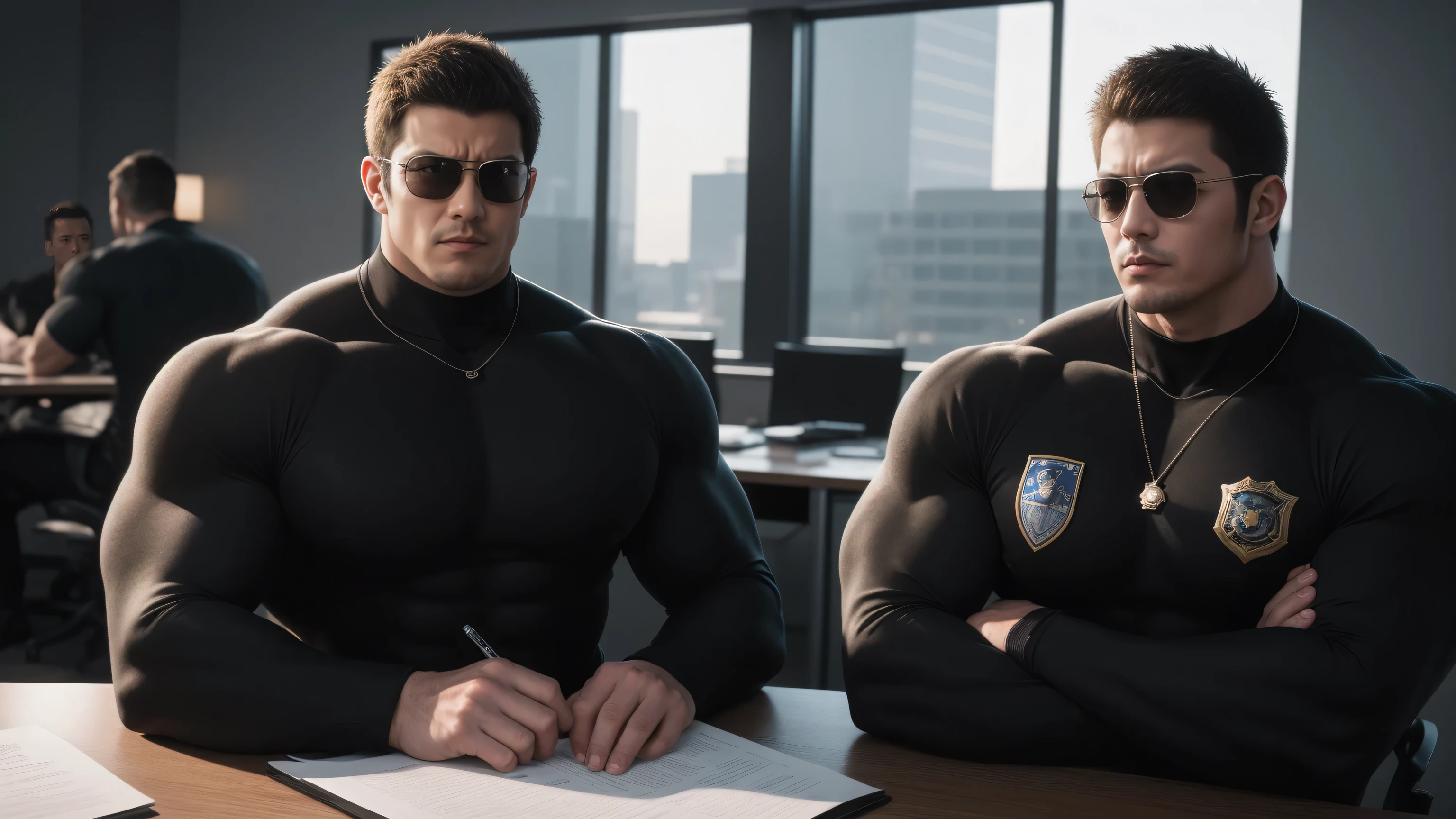 1 super muscular man,  He wears sunglasses，suit，Sitting in the office，Working on a laptop with a focused look，He wears sunglasses，Buzz Cut，In a luxurious office, Wear a long-sleeved turtleneck, Wear it over a suit，tie，Thickened warm elastic texture，Clothes are very dirty with mud stains，The expression is arrogant, Thick thighs, Messy hair, High-necked long-sleeved dark yellow high-necked tights, very tight, Regular symmetrical pattern, Highlight muscles, Police uniform pants, character concept（Resident Evil - Chris Redfield, Chris Redfield）A proud expression, Deep and charming eyes, Heroic male pose, tall Burly, muscular！muscular thighs, tough guy, perfect facial features, High, Burly, Heqiang, Super polished and cool, High Resolution Committee, Charismatic, Sunlight through the window, shine on body