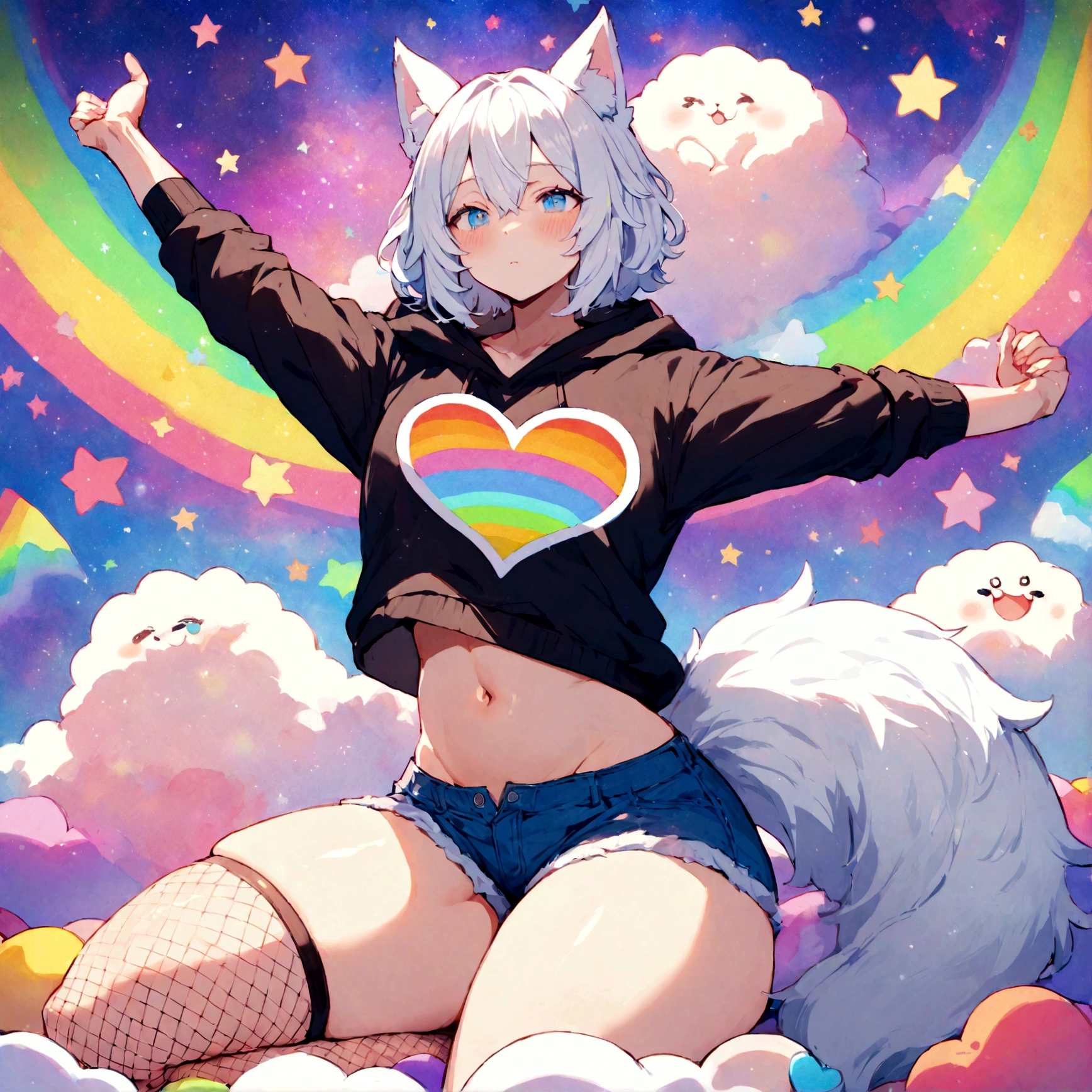 a cute adult male with wolf ears, white hair, has a wolf tail, wearing a loose cropped oversized black hoodie, wearing a pair of denim short shorts and fishnet stockings, thick thighs, wide hips, relaxing on mound of fluffy multi colored kawaii plushies, short, very slim, showing slender tummy, stretching out, heart on hoodie, squishy thighs, has glowing blue eyes. alone, solo (ALONE)(SOLO), surrounded by rainbows, colorful galaxy backround