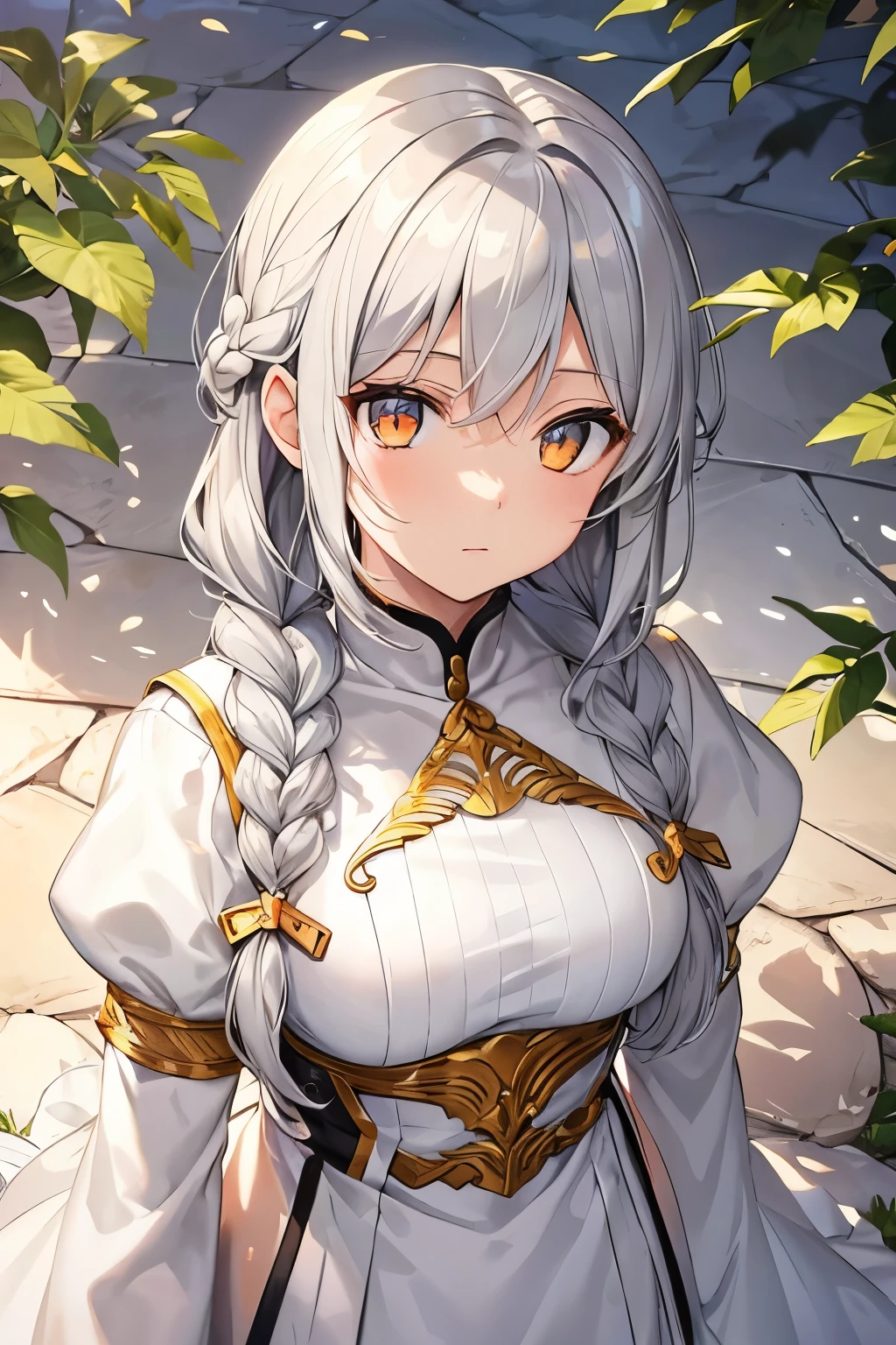 highest quality, masterpiece,Gray Hair, Golden Eyes,White clothes, look up, Upper Body,hair,Fair skin,Side braid