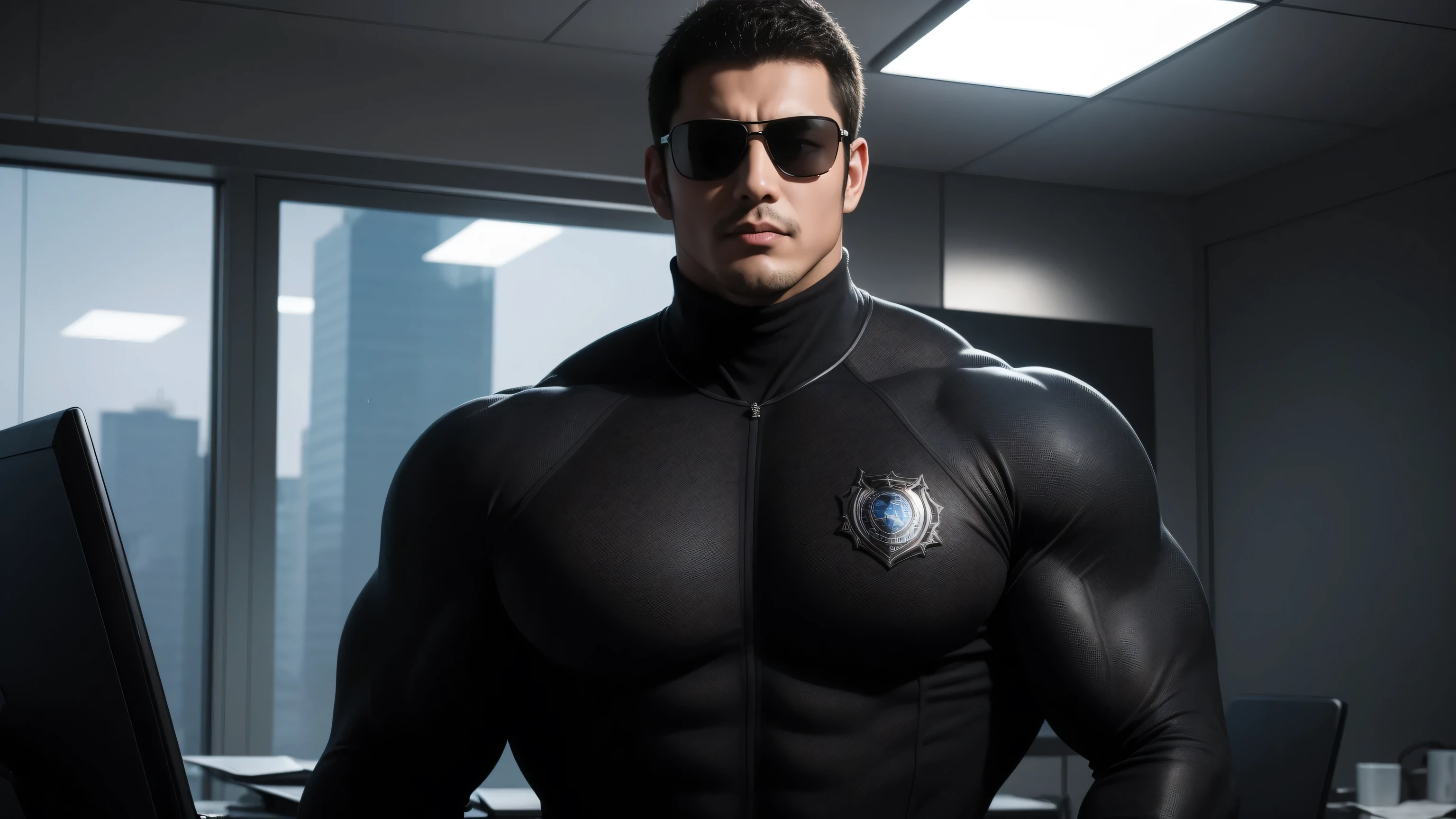 1 super muscular man, He wears sunglasses,suit,Sitting in the office,Working on a laptop with a focused look,He wears sunglasses,Buzz Cut,In a luxurious office, Wear a long-sleeved turtleneck, Wear it over a suit,tie,Thickened warm elastic texture,Clothes are very dirty with mud stains,The expression is arrogant, Thick thighs, Messy hair, High-necked long-sleeved dark yellow high-necked tights, very tight, Regular symmetrical pattern, Highlight muscles, Police uniform pants, character concept(Resident Evil - Chris Redfield, Chris Redfield)A proud expression, Deep and charming eyes, Heroic male pose, tall Burly, muscular!muscular thighs, tough guy, perfect facial features, High, Burly, Heqiang, Super polished and cool, High Resolution Committee, Charismatic, Sunlight through the window, shine on body