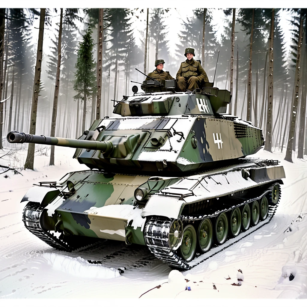one car Former German Army Panzer 4 tank super gun type It's like walking through the deep Ardennes forest.Twimerit coating with forest camouflage It has been subjected.The president sticks out his upper body from the turret.communicating through headphones,
There are many tall trees,Lots of remaining snow、side view,quality,4k.8k、High quality, high precision images.、ultra detail