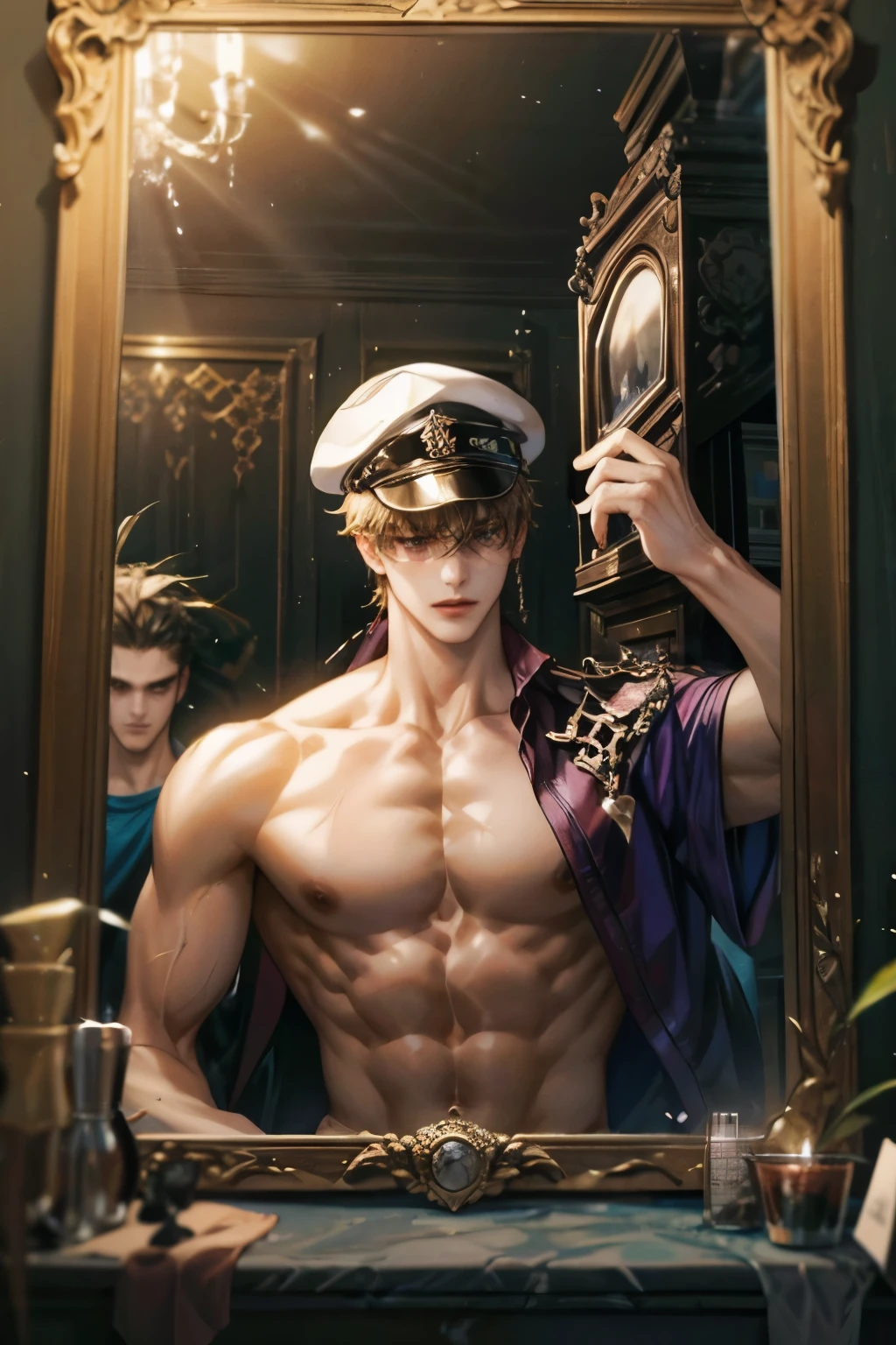a shirtless Tartaglia taking a mirror selfie in the gym, wearing a hat, muscular body, detailed facial features, intricate gym equipment, dramatic lighting, high contrast, cinematic atmosphere, photographic style