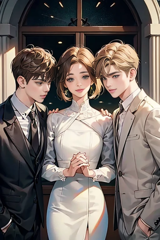 (table top, digital illustration, 4k, 8k, super detailed, beautiful images, clear image, perfect face, perfect lines, perfect eyes, soft lighting) 1 female, (light brown hair,chignon hair,innocent look,droopy eyebrows,droopy eyes、With a round face,round chin、innocence,cute,Big eyes,natural makeup,smile gently,E cup,23 years old:1.3),Two handsome men in suits, (human,man wearing a suit,muscular,solid shoulder width, boyish hairstyle,A man in his 30s with a cool expression,28 year old man with a bright smile:1.2),garden full of light、lots of flowers、squirt、colorful flower light,(embarrassing,shy smile:1.2),resort sofa,kiss、カップルkiss、romance porn、male and female couple looking at each other、In a fight、Afternoon tea、lunch
