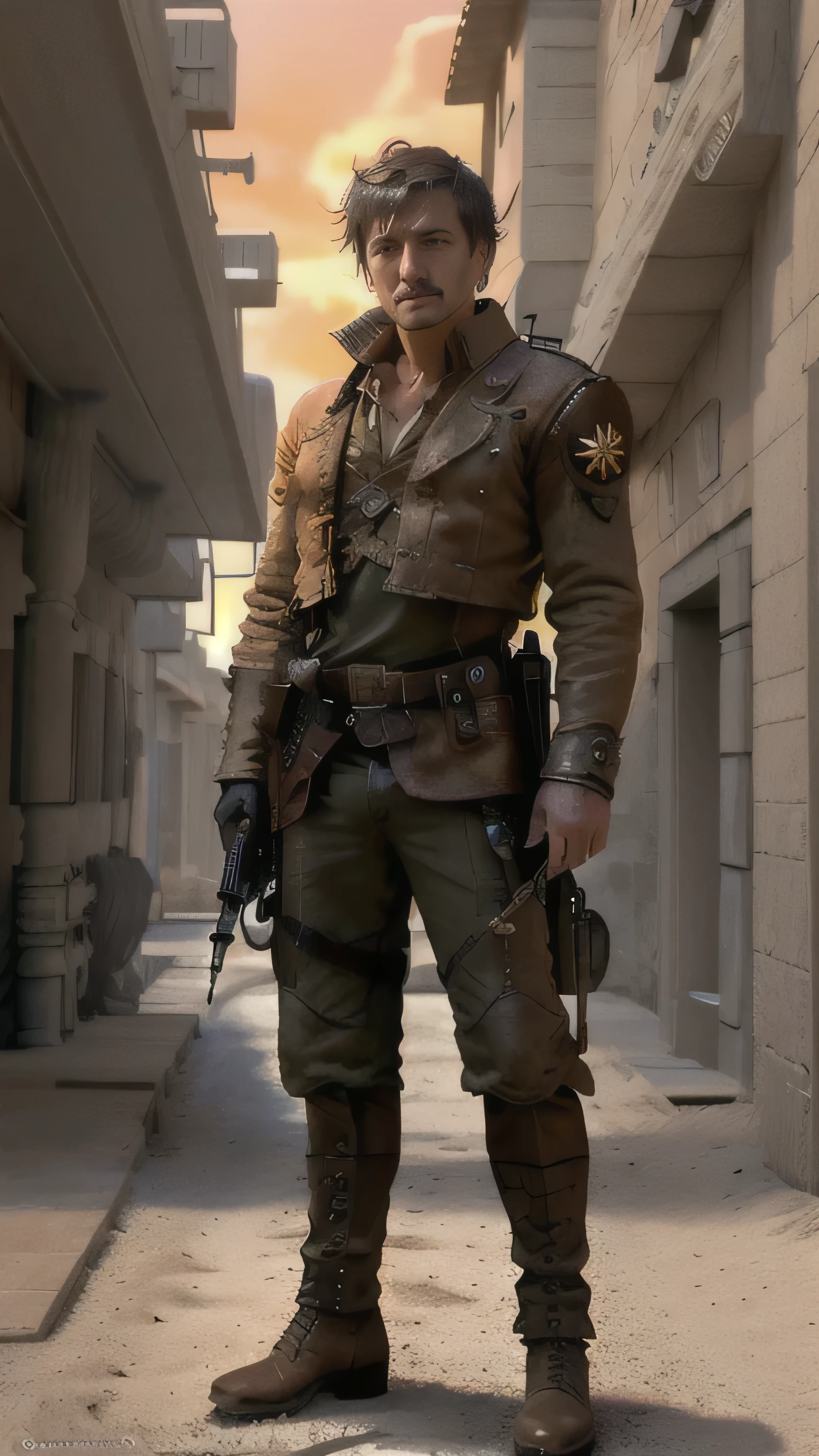 dieselpunkai, (Pedro Pascal) as Oberyn Martell, an east skilled dieselpunk warrior, light orange east dieselpunk military armor, dieselpunk spear, standing, in the desert, Game of Thgrones, (1man), (solo), (full body view), beautiful detailed glow, detailed, cinematic light, intricate detail, realistic, highres, detailed facial features, high detail, sharp focus, smooth, aesthetic, extremely detailed, stamp, octane render