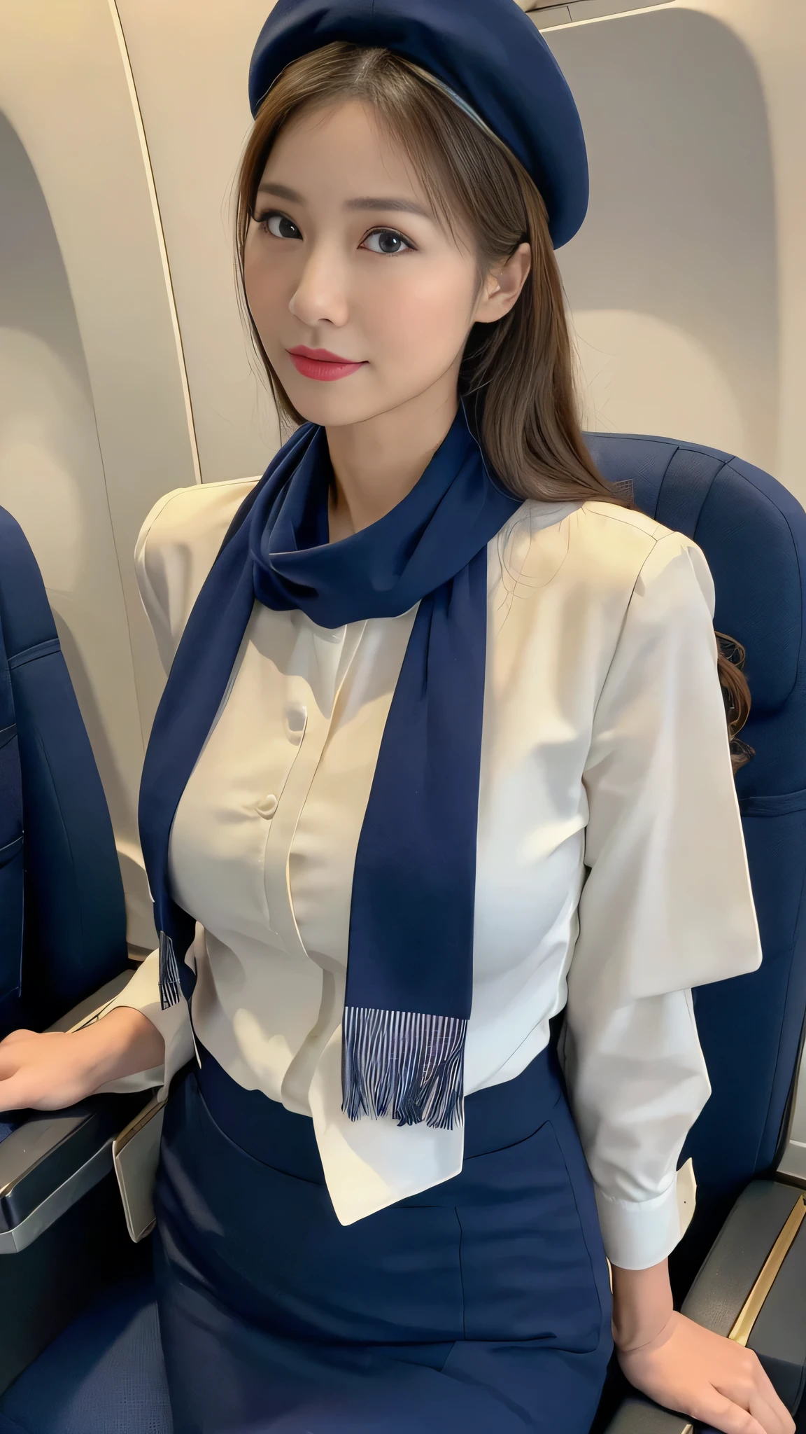 (8k, best quality, masterpiece, golden ratio composition,:1.3), (Zoom out shot:1.2), (A beautiful Japanese mature woman dressed in a classic flight attendant uniform, uniform is navy blue with a matching small beret, white blouse, red neck scarf, neatly styled hair ,light makeup), (huge breasts), standing in an airplane cabin