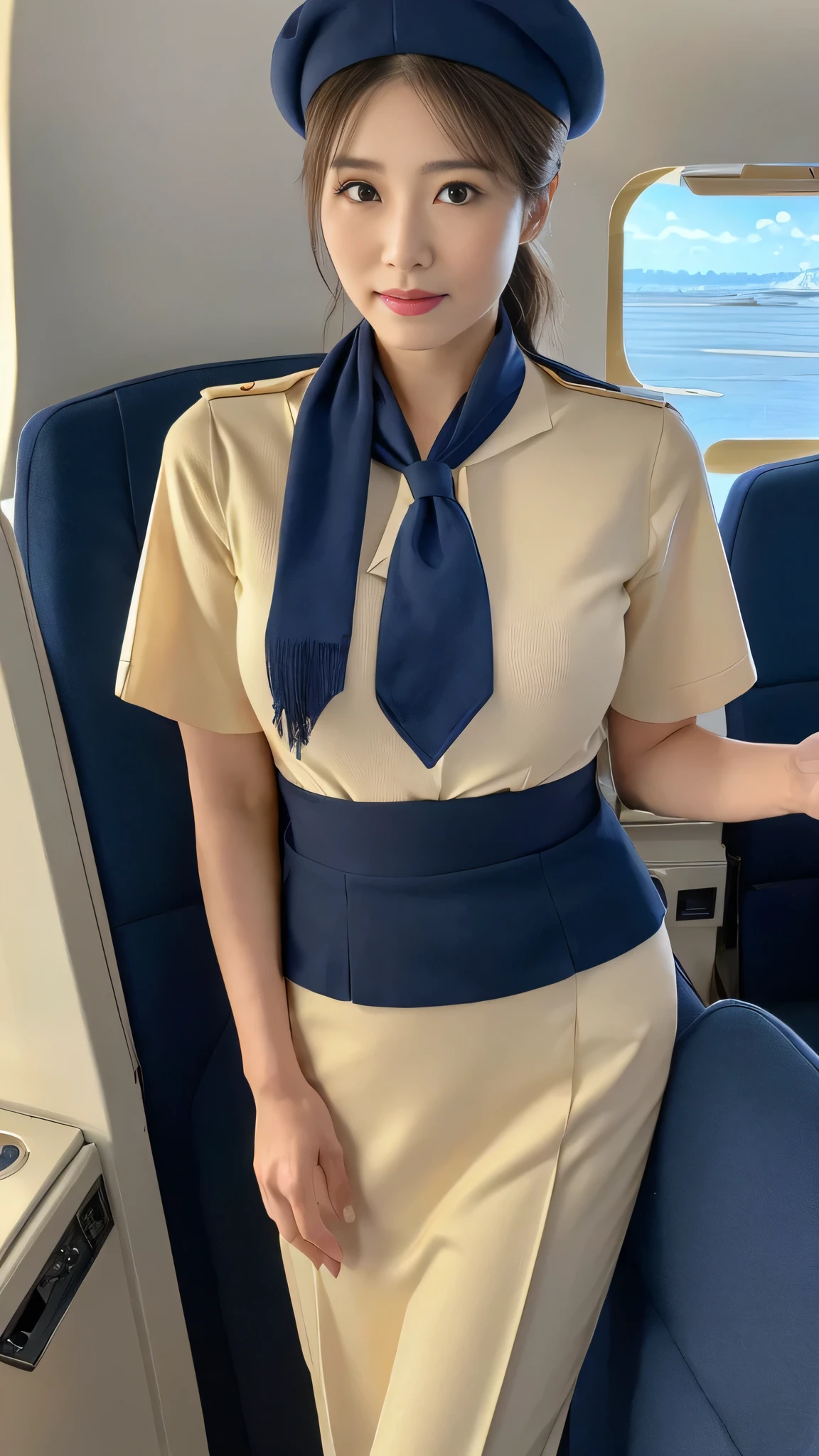 (8k, best quality, masterpiece, golden ratio composition,:1.3), (Zoom out shot:1.2), (A beautiful Japanese mature woman dressed in a classic flight attendant uniform, uniform is navy blue with a matching small beret, white blouse, red neck scarf, neatly styled hair ,light makeup), (huge breasts), standing in an airplane cabin