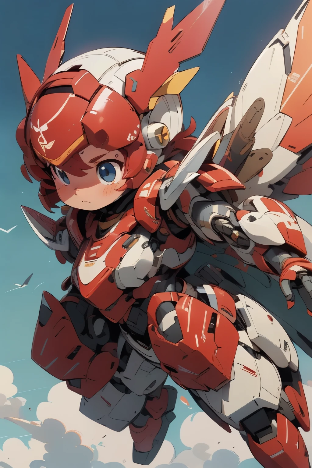 (((1girl floating in the sky, ))), (large cute face), (chibi face), ((low-angle)), ((low-angle view)), ((mechanical parts)), ((mechanical wings)), ((mecha wings)), full armor, ((mecha musume)), (full armor:2.0), (mecha armor:2.0), (huger arms:1.5), (battle-ready:1.2), (heavy weapons:1.5), (short legs:1.2), (huger body:2.0), ((red coloring armor:1.5)), (output booster:1.2), Heavy armament, heavy equipment, Mecha, ((from below)), red_eyes , chibi face, short hair, ((headgear)), ((full body in frame)), ((over size helm)), ((flying)), ((floating)), dynamic pose, fighting stance, (blue sky), white clouds, mechanical parts, mecha warrior, headgear, robot joints, full armor, becoming a mecha, ((looking down)), macro,mechagirl girl
BREAK
((masterpiece)), vibrant colors, 8k, best quality, ultra detailed illustration, ((best quality)), ((high resolution)), flawless skin textures, shiny oiled skin, extremely detailed anime eyes , extreme light and shadows