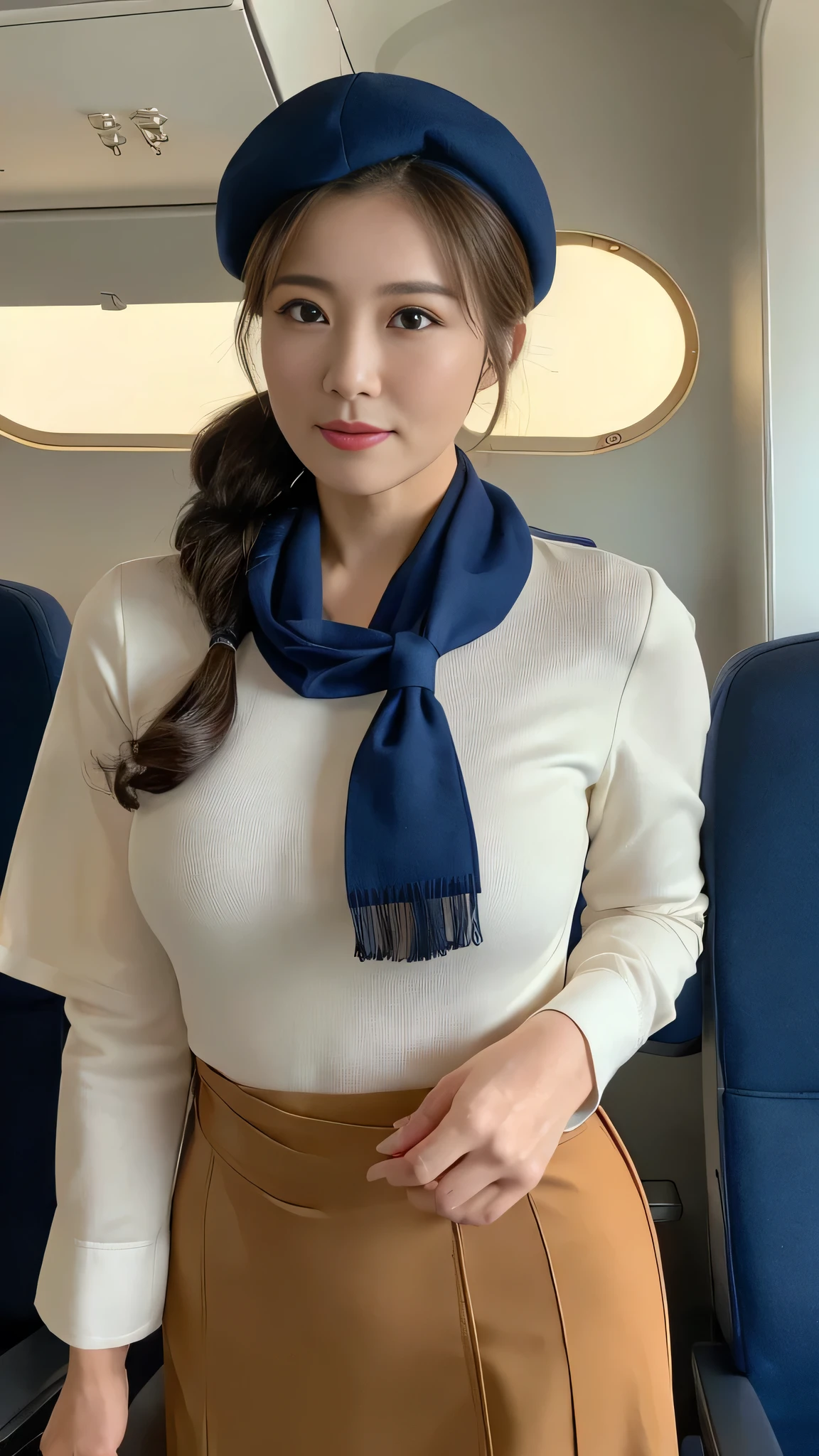 (8k, best quality, masterpiece, golden ratio composition,:1.3), (Zoom out shot:1.2), (A beautiful Japanese mature woman dressed in a classic flight attendant uniform, uniform is navy blue with a matching small beret, white blouse, red neck scarf, neatly styled hair ,light makeup), (huge breasts), standing in an airplane cabin