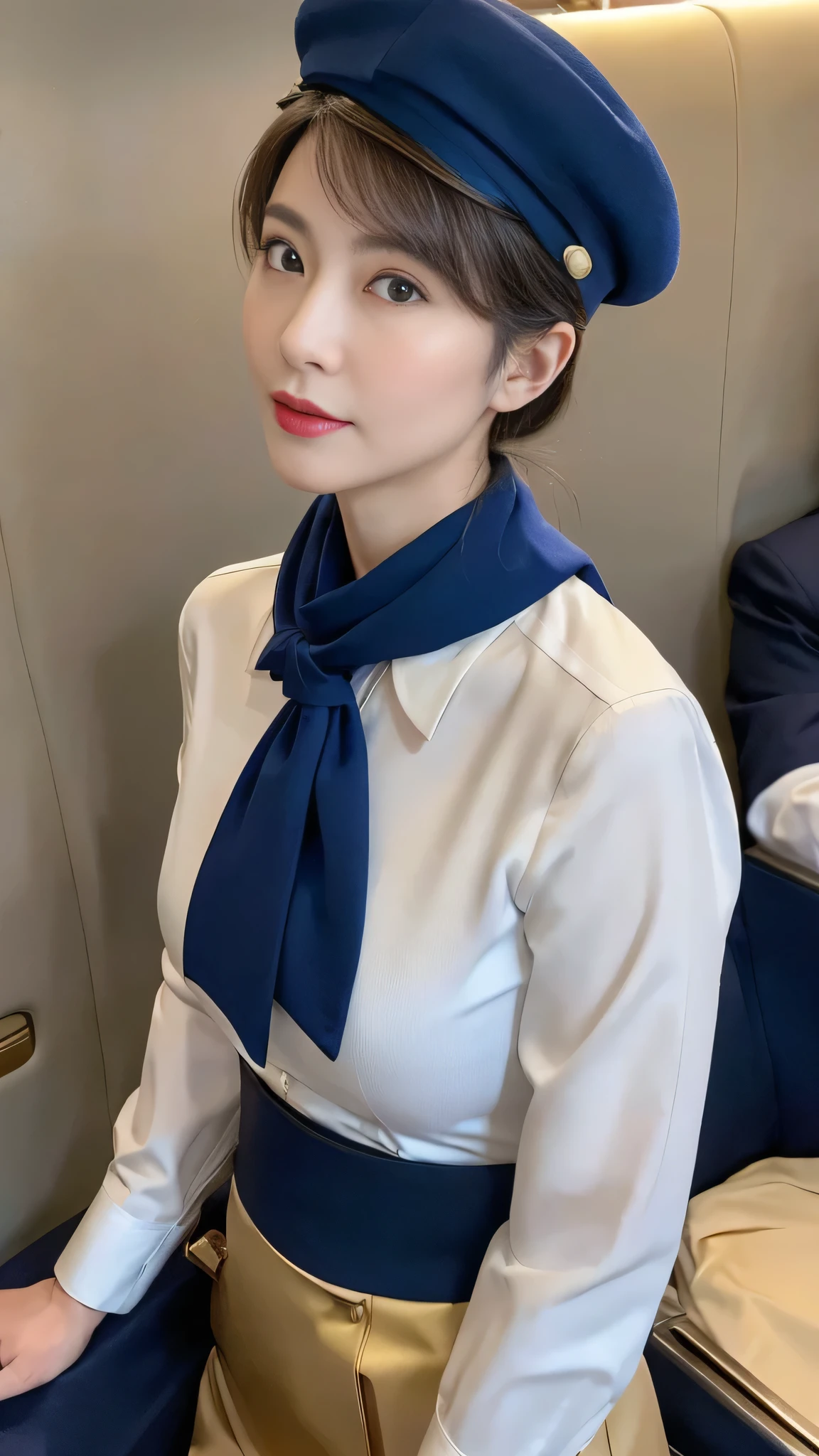 (8k, best quality, masterpiece, golden ratio composition,:1.3), (Zoom out shot:1.2), (A beautiful Japanese mature woman dressed in a classic flight attendant uniform, uniform is navy blue with a matching small beret, white blouse, red neck scarf, neatly styled hair ,light makeup), (huge breasts), standing in an airplane cabin