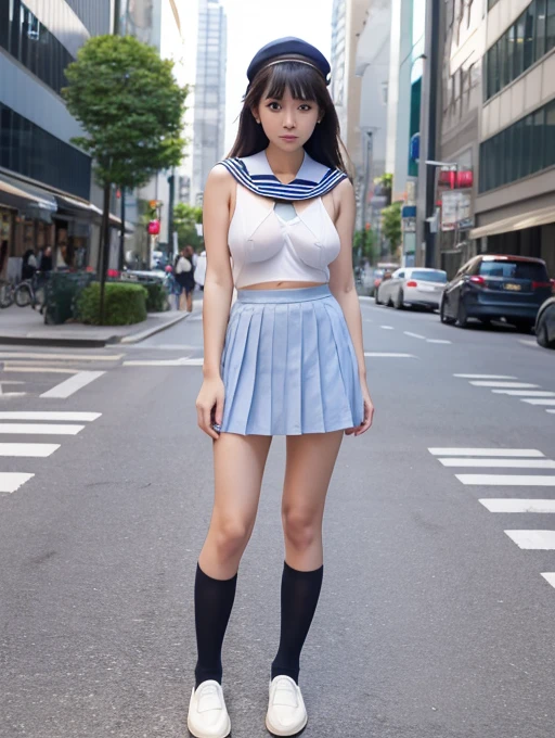 Young Japanese half naked in a sleeveless blue sailor suit revealing her huge breasts。Huge areola and nipples are dark brown。Ultra-mini pleated skirts are short、She is half naked and her legs are spread wide., Revealing plump thighs and white panties.。Loose socks and black loafers。City street background。