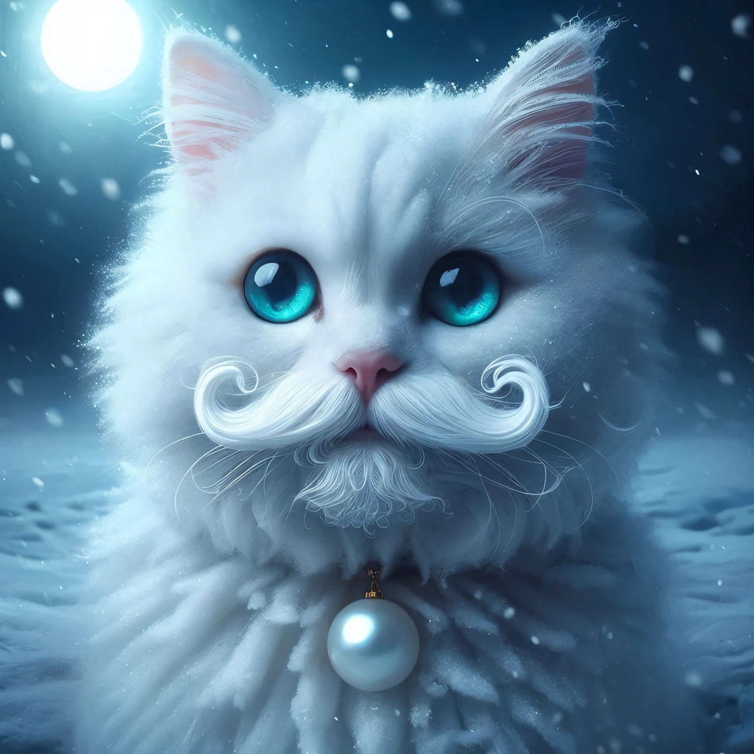 A extremally cute white frosty cat with curly white mustache and goatee, blue-green mother of pearl eyes, deep in the frosty snow of winter, blowing snow, snowy haze, a full moon, a deep river, and a mysterious image. It's night but it's bright. frosty looking cat, gorgeous, beautiful eyes 24k photorealistic extreme depth of color in eyes and collar.