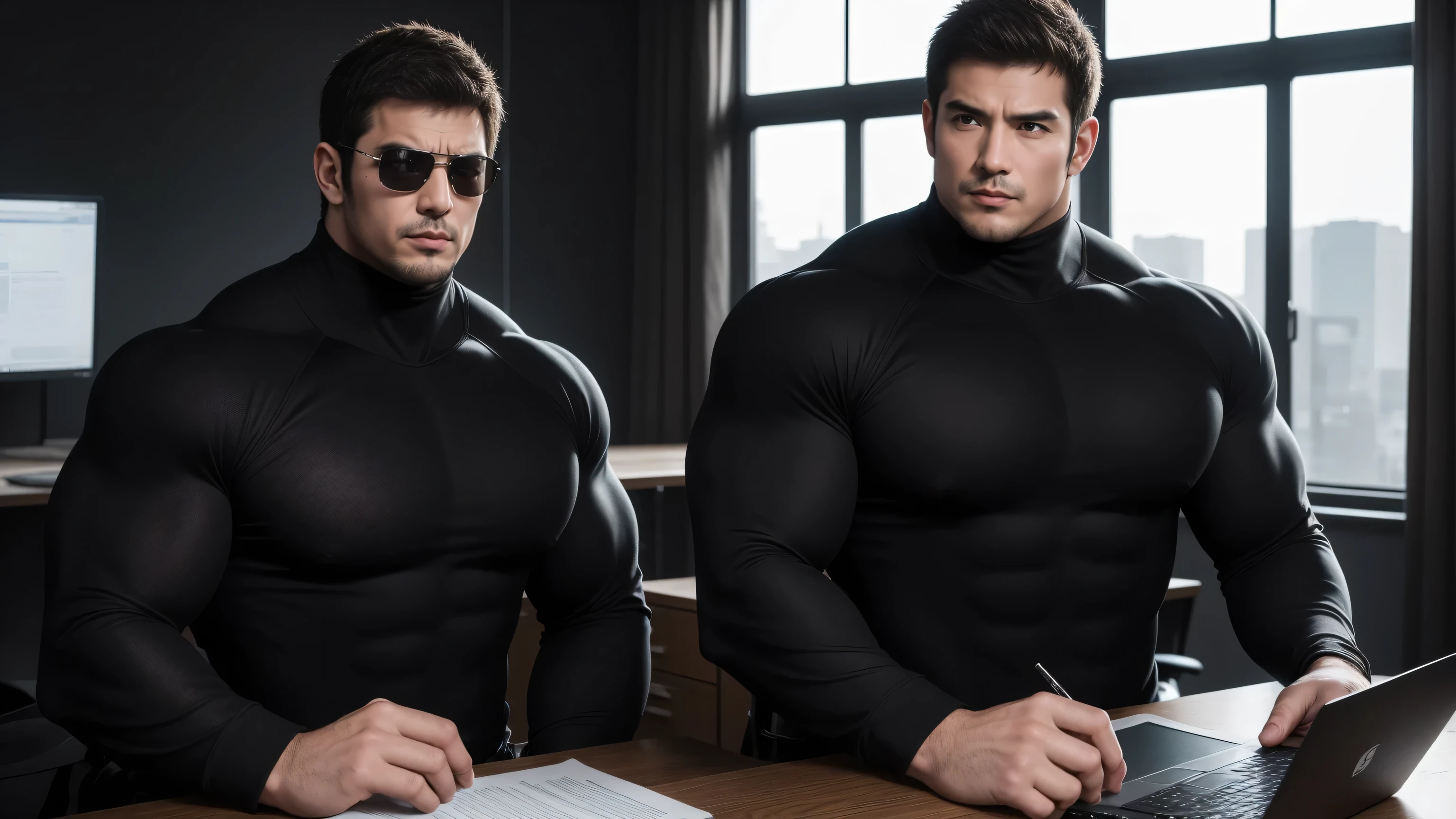 1 super muscular man,  He wears sunglasses，suit，Sitting in the office，Working on a laptop with a focused look，He wears sunglasses，Buzz Cut，In a luxurious office, Wear a long-sleeved turtleneck, Wear it over a suit，tie，Thickened warm elastic texture，Clothes are very dirty with mud stains，The expression is arrogant, Thick thighs, Messy hair, High-necked long-sleeved dark yellow high-necked tights, very tight, Regular symmetrical pattern, Highlight muscles, Police uniform pants, character concept（Resident Evil - Chris Redfield, Chris Redfield）A proud expression, Deep and charming eyes, Heroic male pose, tall Burly, muscular！muscular thighs, tough guy, perfect facial features, High, Burly, Heqiang, Super polished and cool, High Resolution Committee, Charismatic, Sunlight through the window, shine on body