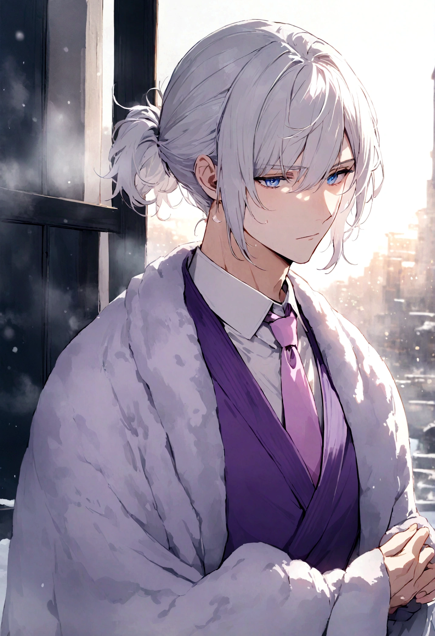 male with silver hair, blue eyes, purple vest, pink tie, cold, rich