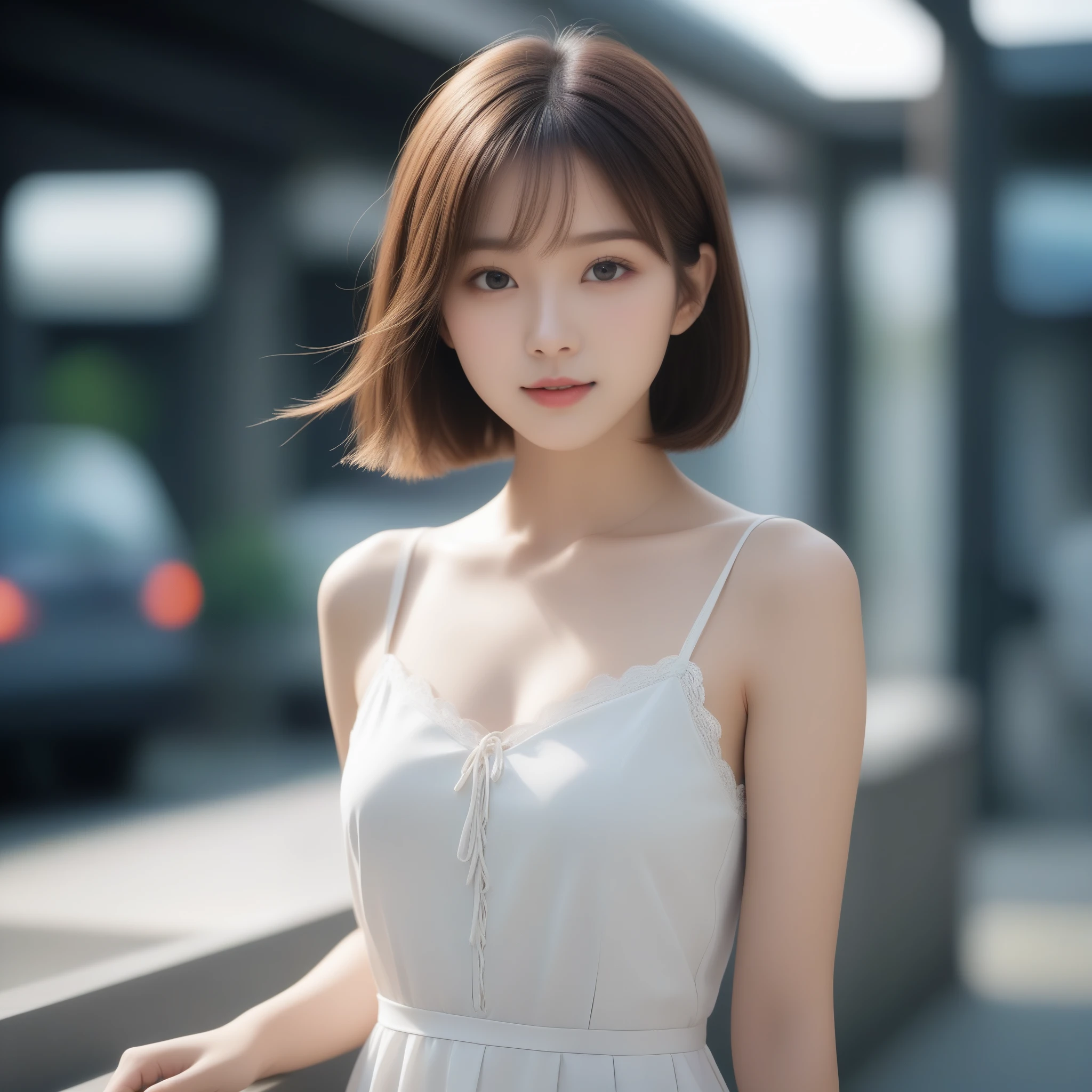 8k, Ultra-high resolution, highest quality, masterpiece, Rule of thirds photography,Surreal, photograph, 女の子1 person, (16 years old:1.3), pretty girl, Cute Face, Beautiful eyes in every detail, 細かくdetailedに,masterpiece,, One Girl:1.2, Japan Female Announcer, Tabletop、1 person、Beautiful Japanese Women、16 years old、light brown straight bob hair, Wearing a business suit, (Blurred Background、Station platform、noon、Light of the sun)、Sharp focus, Perfect dynamic composition, Narrow eyes:1.5, Fine and beautiful eyes, Thin Hair, Detailed and realistic skin texture, ((Sweat, blush, Open your mouth:1.3)), (Tilt your head), Close-up portrait, Model Body Type,((Dress nicely)), ((Lace-up dress)), (View your viewers:1.3) ,Looking at the audience、beauty,Long neck、Laugh a little、Please close your mouth and laugh、(((Ideal body type))),A-cup small breasts :2,whole body、Perfect Anatomy、鮮明なdetailed、detailed、Surreal、Light and shadow,Strong light