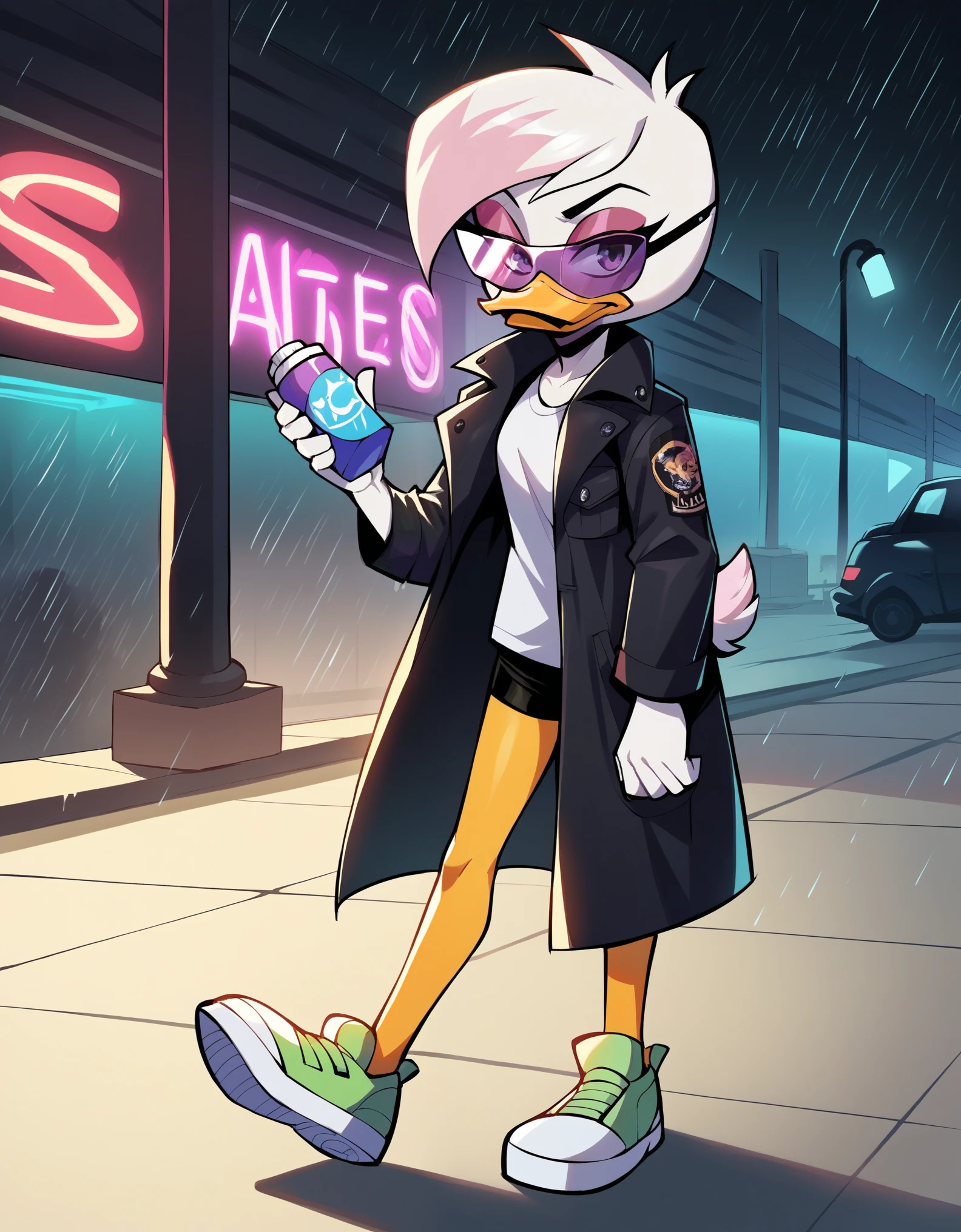 score_9, score_8_up, score_7_up, score_6_up,  source cartoon, 1girl, female, solo, duck, beak,  lena sabrewing, ducktales, duck, beak, scut tail, white skin, white hair, pink highlights, short hair, eyeliner, purple eyeshadow, pink eyeshadow, orange legs, sneakers,purple sunglasses, plastic trench coat, bottomless, sexy, purple visor,  serious, walking awat, long alleys, raining, noir film, cyber punk, neon lights,  43stl1ght1ng,  low light, darkness, dramatic lighting, eye lighting, black room:1.2, smoke,  ZPDXL