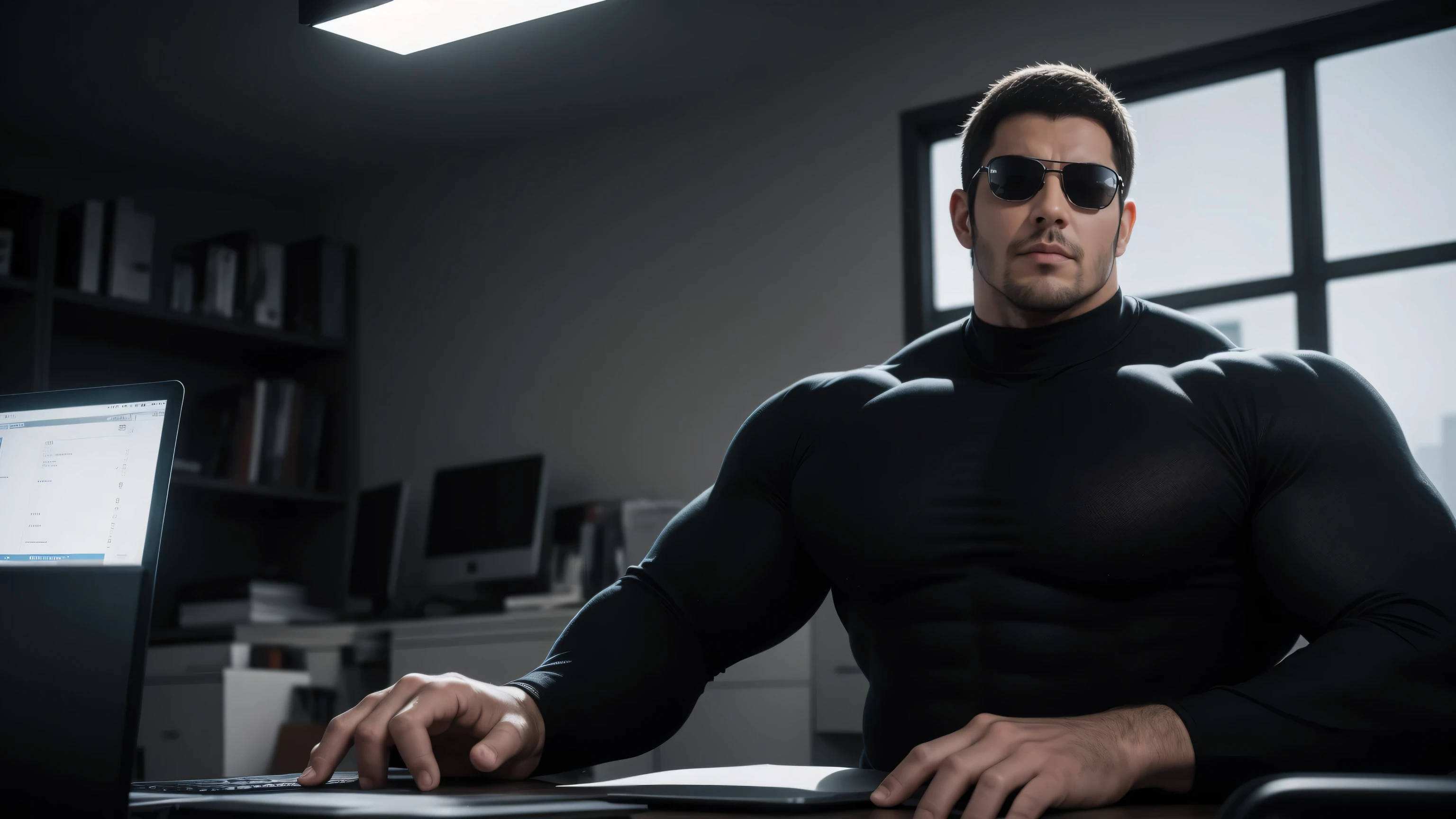 1 super muscular man, He wears sunglasses,suit,Sitting in the office,Working on a laptop with a focused look,He wears sunglasses,Buzz Cut,In a luxurious office, Wear a long-sleeved turtleneck, Wear it over a suit,tie,Thickened warm elastic texture,Clothes are very dirty with mud stains,The expression is arrogant, Thick thighs, Messy hair, High-necked long-sleeved dark yellow high-necked tights, very tight, Regular symmetrical pattern, Highlight muscles, Police uniform pants, character concept(Resident Evil - Chris Redfield, Chris Redfield)A proud expression, Deep and charming eyes, Heroic male pose, tall Burly, muscular!muscular thighs, tough guy, perfect facial features, High, Burly, Heqiang, Super polished and cool, High Resolution Committee, Charismatic, Sunlight through the window, shine on body