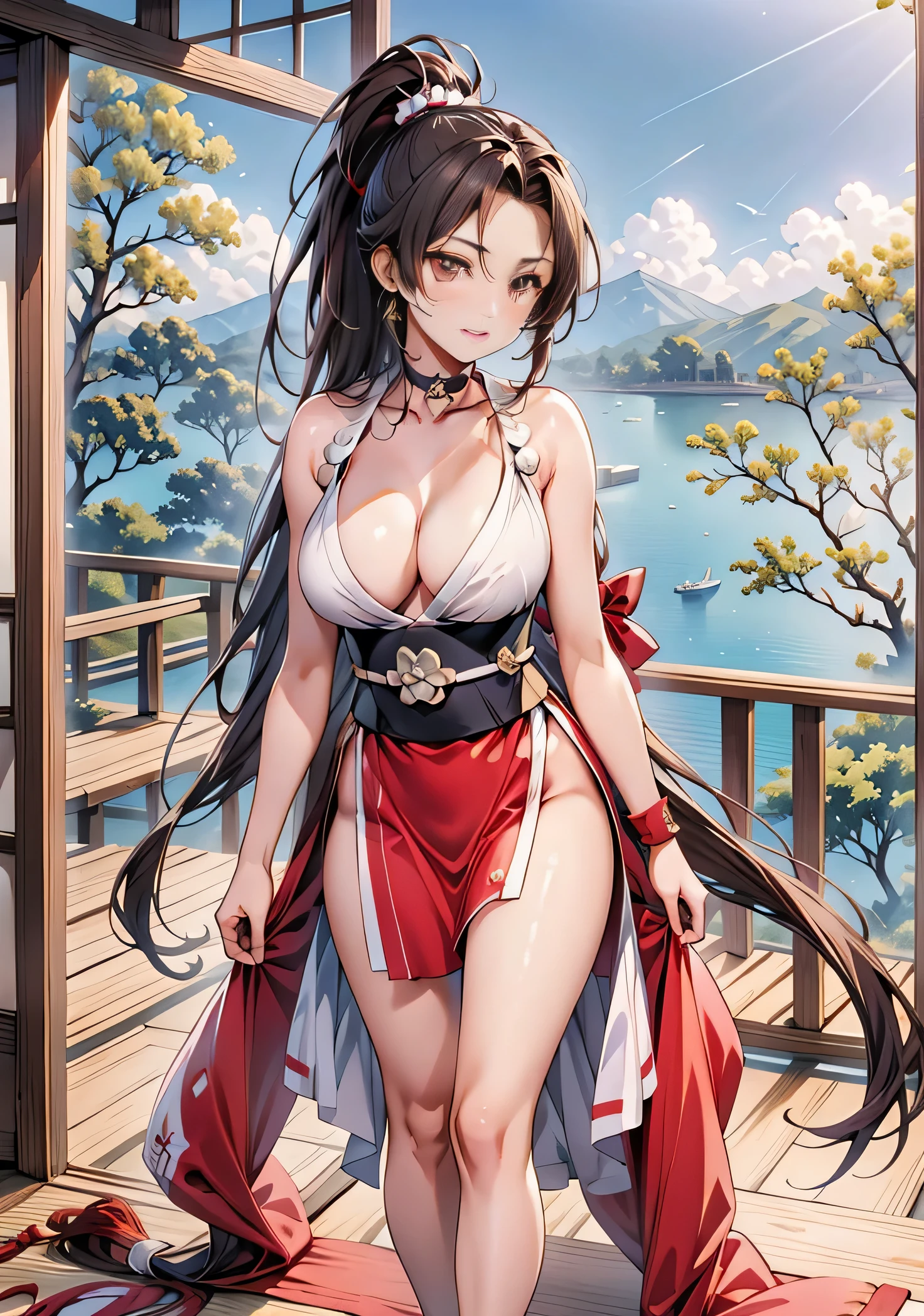 Red dress, sleeve, Komono, ((mai shiranui:1.2)), Shoulder Bare, Black Hair, Brown eyes, long、High Ponytail, Hair Ties, compensate, 1 person、25 years, Japanese Mature, Cute Fingers, Beautiful long legs, Nice body, Cute Nose, Beautiful character design, Perfect Eyes, Perfect Face, jewelry, transparent, View the viewer, hair ornaments, choker, shy, king of fighters,
(Tabletop, highest quality, highest quality, Official Art, beautifully、aesthetic: 1.2), Very detailed, More detailed,
(Big Tits:1.7,) , Floating Skirt,
Cyberpunk Little Tokyo and its Surroundings, US, Full body photography:1.2、Peg heeled long boots,standing