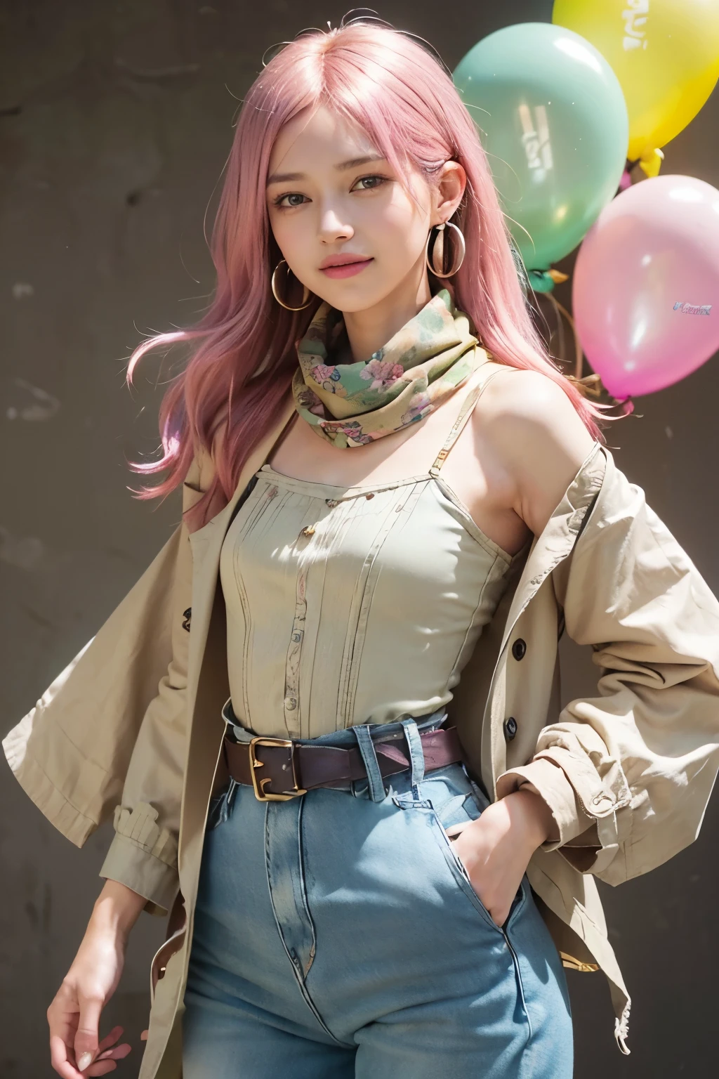 prompt: (8K, top-quality, masterpiece:1.2), (reallistic, Photorealsitic:1.37), Super Detail, One girl,), (Highly detailed), (beautifully detailed eyes), (of the highest quality), (super detailed ), (masterpiece), (Detailed face),20yr old, ,1 girl, ((pink hair,long hair)), medium breasts, clothed, Perfect Lighting, BREAK, (retro modern:1.3), (earth tones:1.2), (pastel accents:1.2), (terracotta:1.1), (dark brown:1.1), (beige:1.1), (mint green:1.1), (lemon yellow:1.1), (lavender:1.1), (geometric patterns:1.1), (small floral prints:1.1), (natural fabrics:1.2), (linen:1.1), (cotton:1.1), (leather:1.1), (silk:1.1), (oversized denim jacket:1.3), (short belted trench:1.4), (beige cami:1.3), (balloon sleeve blouse:1.4), (high waist wide leg jeans:1.5), (small flower skirt:1.4), (silver accessories:1.2), (gold earrings:1.2), (scarf hair accessory:1.2), (daddy sneakers:1.3), BRAKE, (upper body to thighs:1.1), (long pink hair:1.2), (waves:1.1), ( smile:1.1), (facing forward:1.1), (right foot forward:1.1), (hands by sides:1.1), (white studio background:1.2), (bright main light:1.1), (strong contrast:1.1)