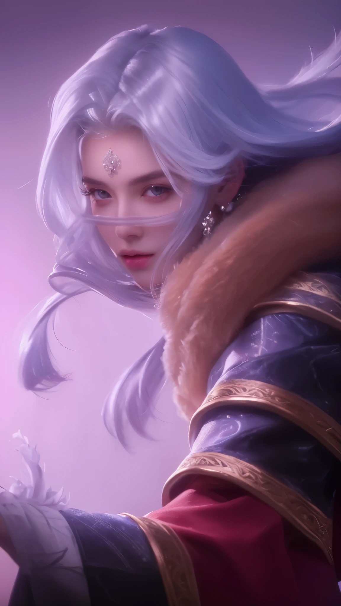 a realistic portrait of a woman, white hair, beautiful, stunning detailed face, piercing eyes, delicate lips, perfect skin, intricate hairstyle, graceful pose, serene expression, chiaroscuro lighting, warm color palette, oil painting, masterpiece, photorealistic, 8k, high quality