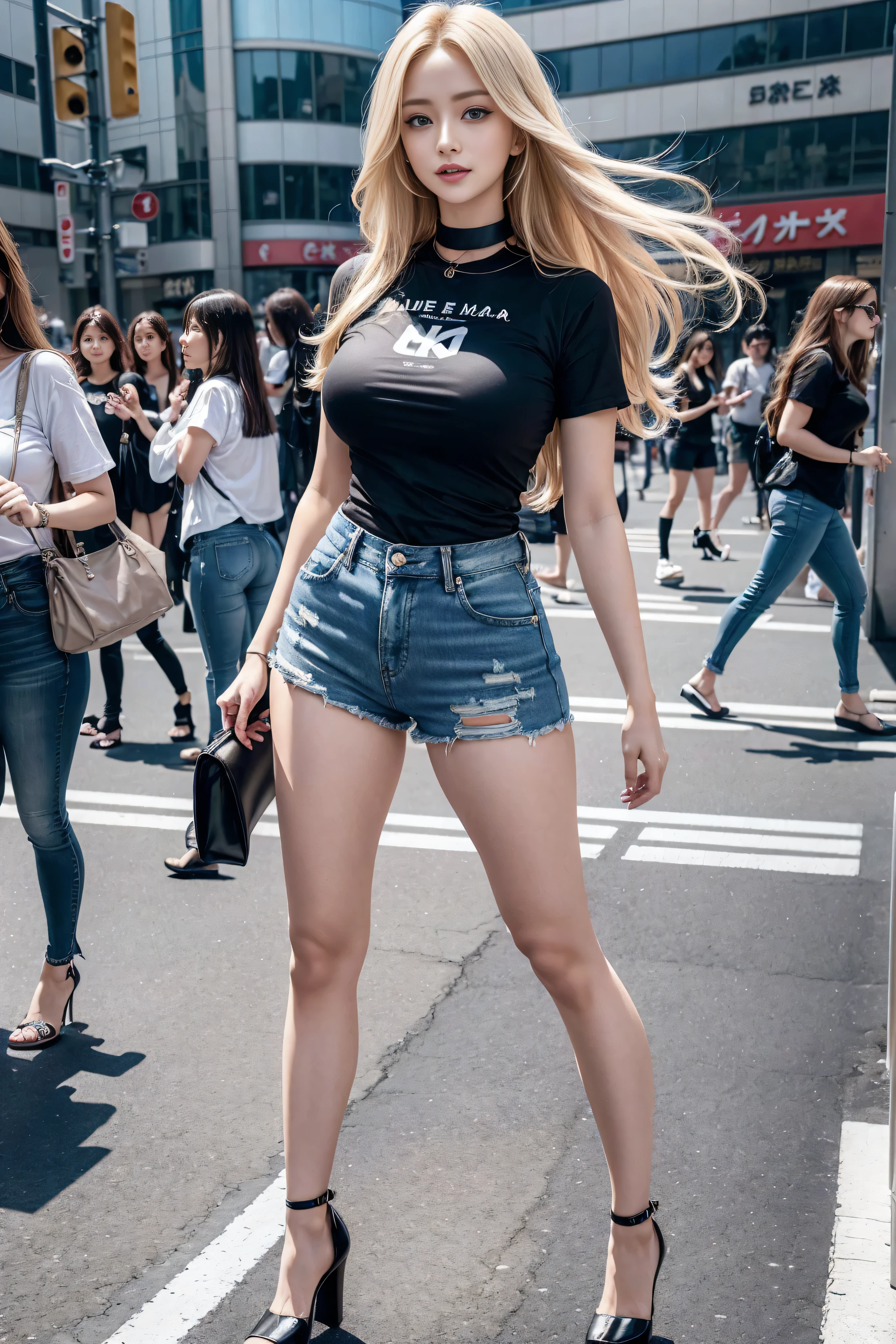 1 girl, (blue eyes), (They are smiling), (In the name of Mina), Wide hips, tetas Large targets, Large target, (Best quality, 8K, masterpiece: 1.3), Perfect hands, Clear focus: 1.2, Perfect body beauty: 1.4, Slim abs: 1.2, Highly detailed face and skin textures, delicate eyes, Double eyelids, (Long blond hair), (Black collar T-shirt), (Denim shorts :1.1), (High heel :1.3), permanent, Dynamic poses, Background Tokyo Shibuya Crossing.