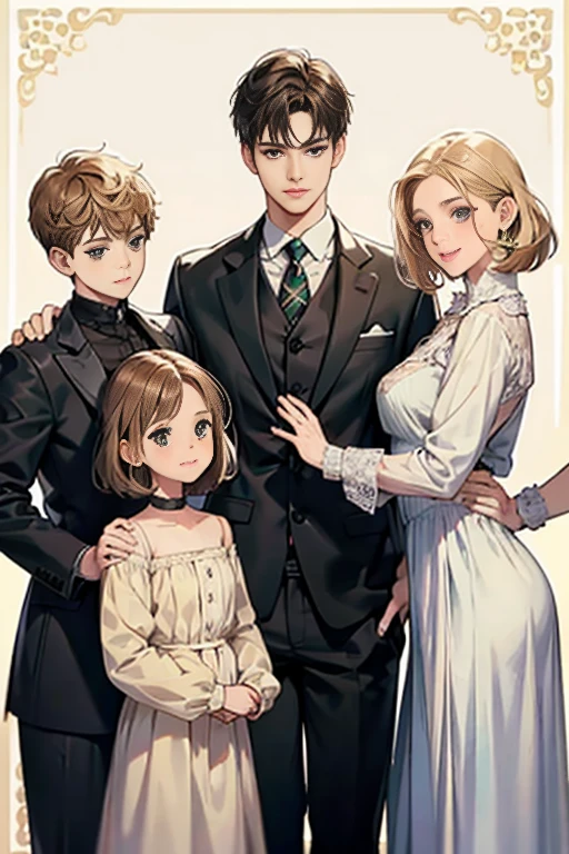 Friends, 3 boys, 1 girl, brothers, different hair color, short dark hair and brown eyes, short blonde hair and green eyes, short brown hair and brown eyes, side by side, suit, smile, white clothe, 25 years old
