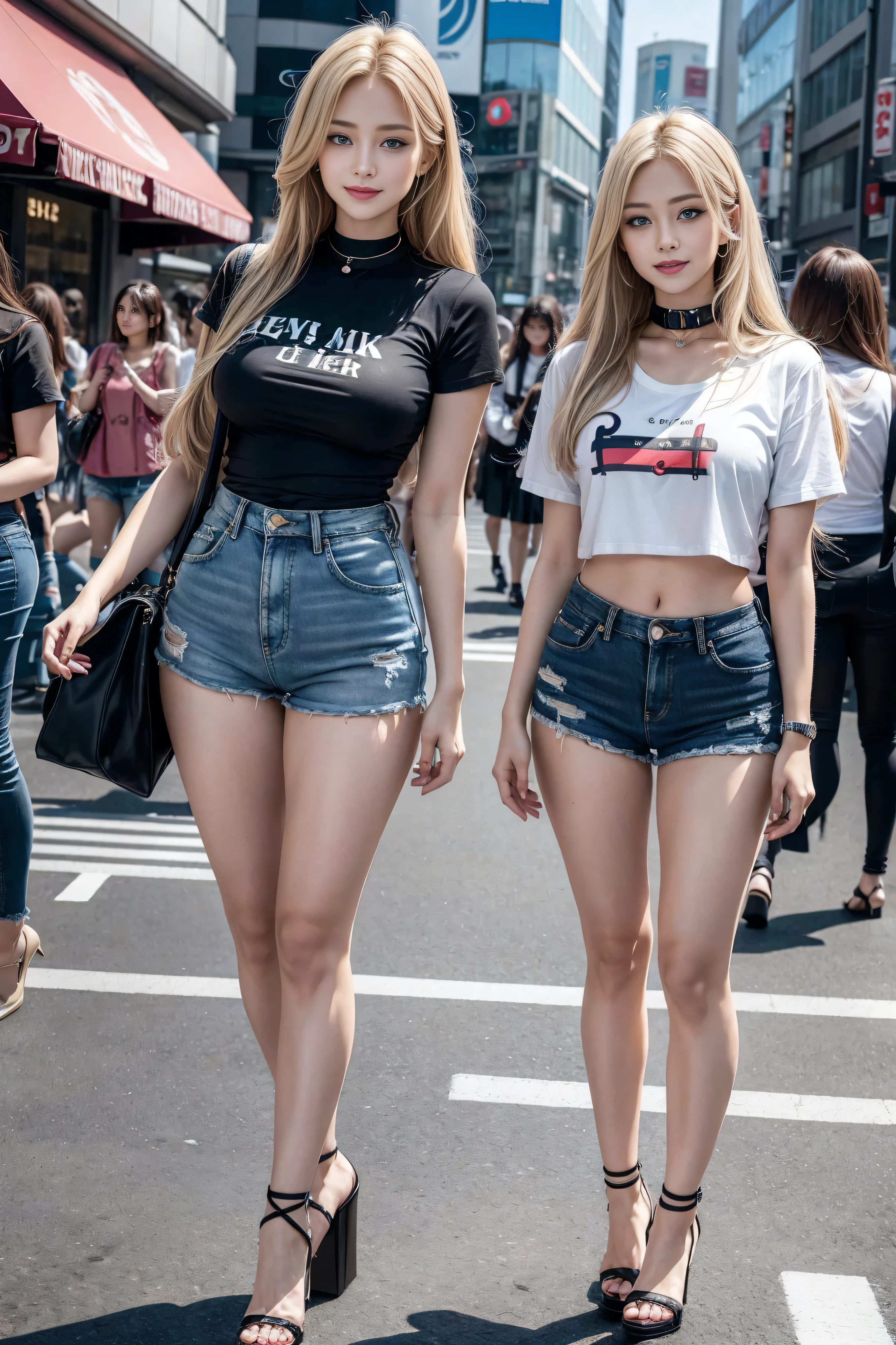 1 girl, (blue eyes), (They are smiling), (In the name of Mina), Wide hips, tetas Large targets, Large target, (Best quality, 8K, masterpiece: 1.3), Perfect hands, Clear focus: 1.2, Perfect body beauty: 1.4, Slim abs: 1.2, Highly detailed face and skin textures, delicate eyes, Double eyelids, (Long blond hair), (Black collar T-shirt), (Denim shorts :1.1), (High heel :1.3), permanent, Dynamic poses, Background Tokyo Shibuya Crossing.