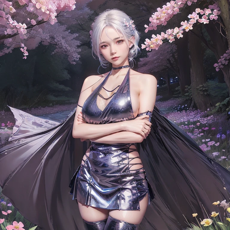 masterpiece, Wallpaper, summer pond, pond, afternoon sun, surrounded by lotus leaves, pond background, depth of field, hot weather, high definition detail, wet, ultra detail, movie, soft light, deep field focus bokeh, Ray Tracing, Diffuse (Extra Fine Glass Reflections). baiyi, ponytail,grey hair, purple bikini, open jacket