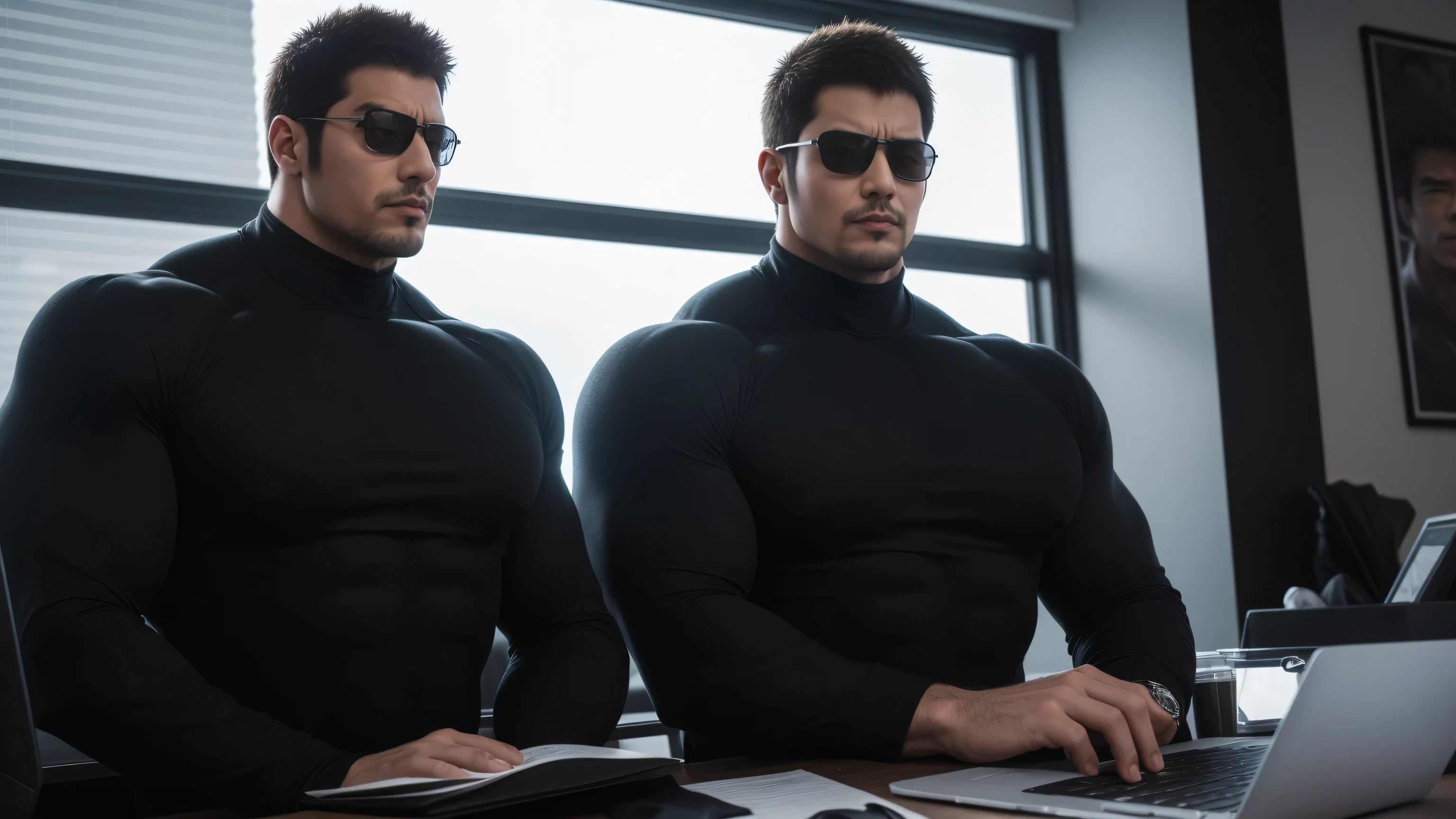 1 super muscular man,  He wears sunglasses，suit，Sitting in the office，Working on a laptop with a focused look，He wears sunglasses，Buzz Cut，In a luxurious office, Wear a long-sleeved turtleneck, Wear it over a suit，tie，Thickened warm elastic texture，Clothes are very dirty with mud stains，The expression is arrogant, Thick thighs, Messy hair, High-necked long-sleeved dark yellow high-necked tights, very tight, Regular symmetrical pattern, Highlight muscles, Police uniform pants, character concept（Resident Evil - Chris Redfield, Chris Redfield）A proud expression, Deep and charming eyes, Heroic male pose, tall Burly, muscular！muscular thighs, tough guy, perfect facial features, High, Burly, Heqiang, Super polished and cool, High Resolution Committee, Charismatic, Sunlight through the window, shine on body