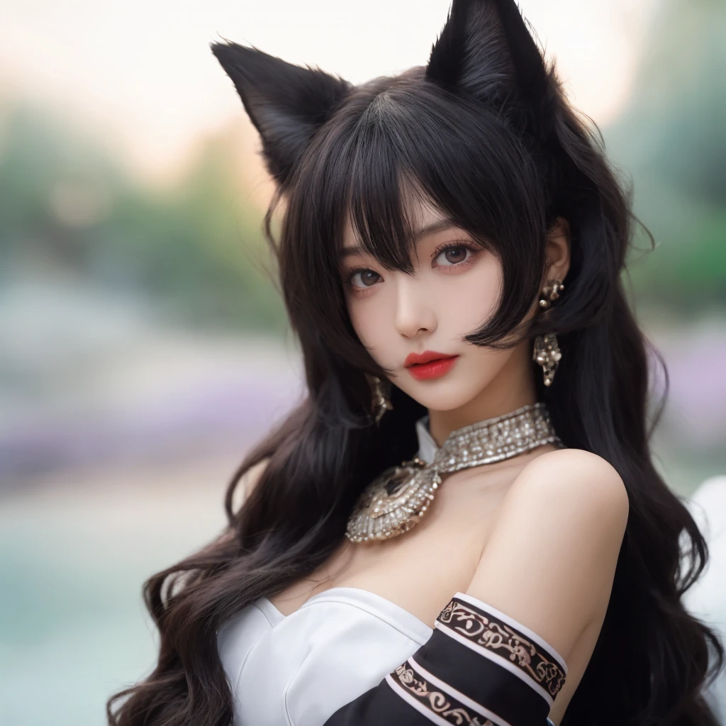 1 girl beautiful gorgeous wearing a black dress dark famtasy brushes color of red and black foxy figure beautiful eyes red lips looking towards the camera