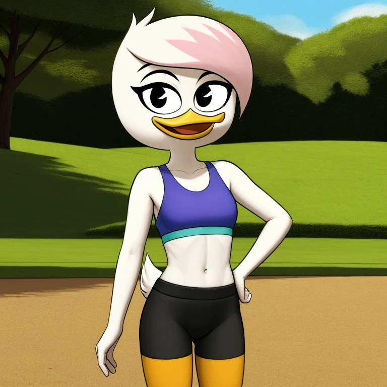 (by drockdraw:1.2) (by chelodoy:1) (by ashraely:1) lena sabrewing, white skin, white hair, pink highlights, orange legs:1.2, black eyes, scut tail, ducktales, eyeliner, beak, short hair, standing, solo:1.2, duck, beak, black shorts, happy, smiling, tight shorts, eyeliner, black eyes, wears sports bra, short hair (outside), (looking at viewer)