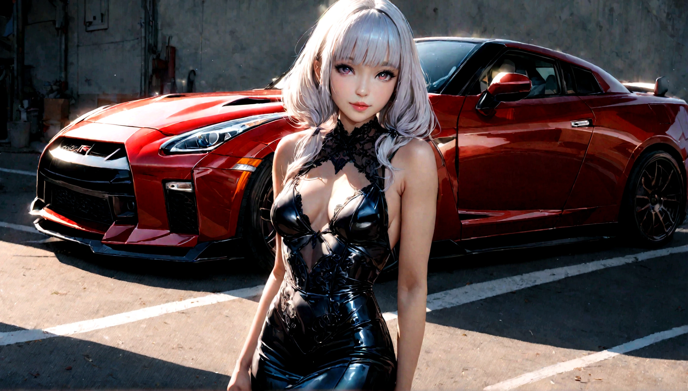 a beautiful girl in a tight dress posing next to a black nissan gtr, hyper realistic, 8k, cinematic lighting, detailed facial features, photorealistic, volumetric lighting, dramatic shadows, highly detailed, intricate details, stunning, exquisite, flawless skin, elegant pose, impeccable fashion, glossy car paint, smooth metallic reflections, depth of field, cinematic framing