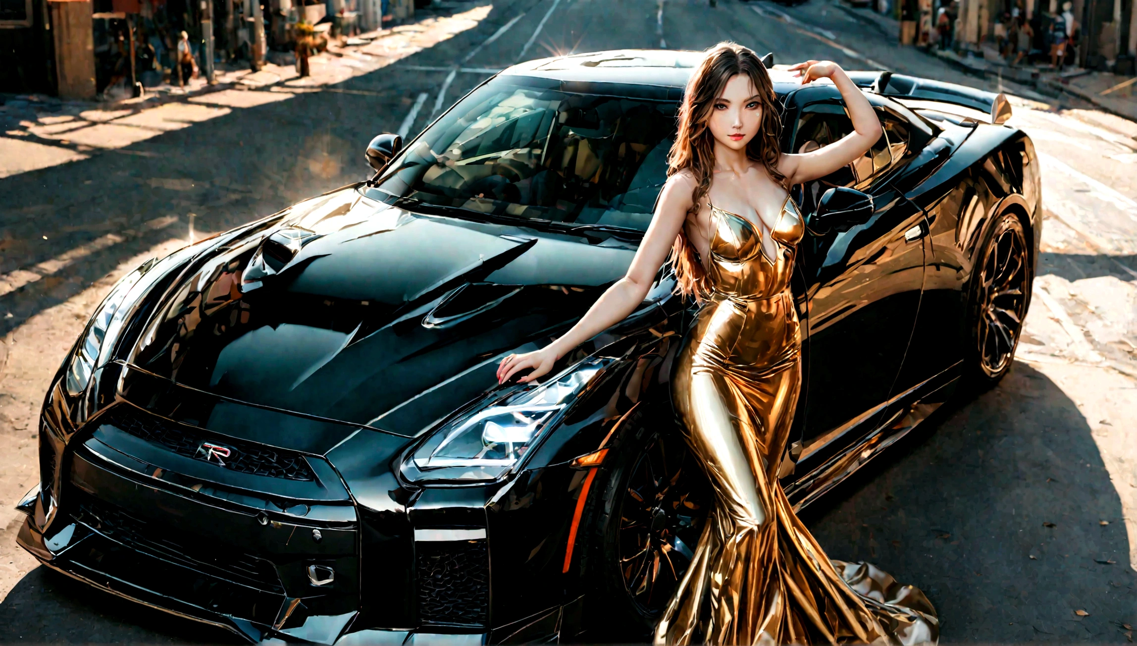 a beautiful girl in a tight dress posing next to a black nissan gtr, hyper realistic, 8k, cinematic lighting, detailed facial features, photorealistic, volumetric lighting, dramatic shadows, highly detailed, intricate details, stunning, exquisite, flawless skin, elegant pose, impeccable fashion, glossy car paint, smooth metallic reflections, depth of field, cinematic framing