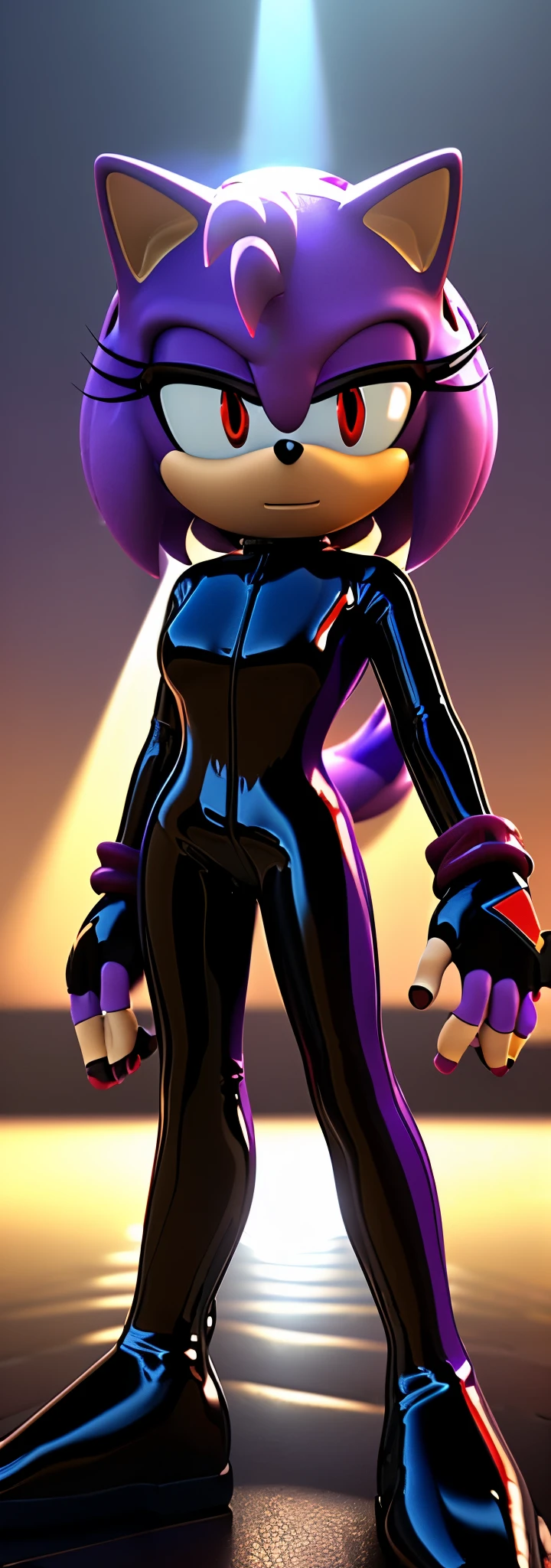 Solo, 1girl, full body image, rendered in SFM, ((sonic oc:1)), from sonic, high detail iconic character, in the new action-movie sonic, knothole forest, official render, 3d render official art, toon shader, ((female)), (((purple hedgehog:1))), ((shiny)) (((light purple fur:1.5))), (((Amy rose style quills with violet gradient tips))), (((metallic purple eyeliner))) ((deep red eyes:1.5)), ((calm neutral expression)), ray trace 4 k, ray trace 4k, (((glossy black latex bodysuit:1.5))), ((fingerless gloves:1.5))