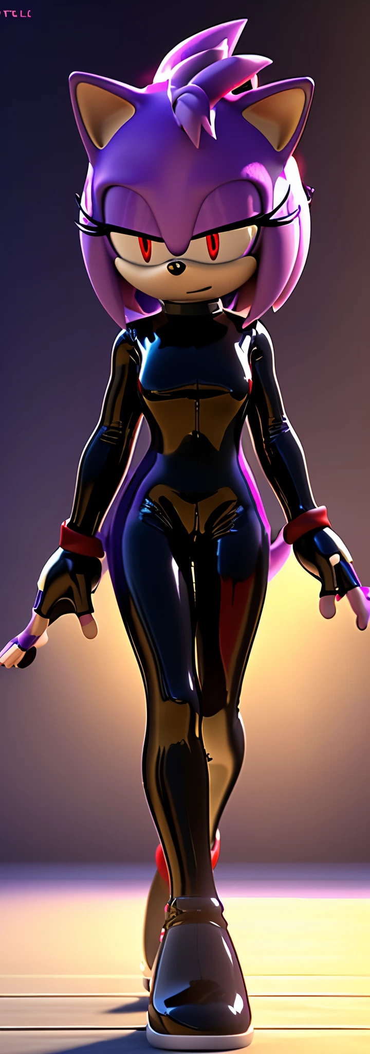Solo, 1girl, full body image, rendered in SFM, ((sonic oc:1)), from sonic, high detail iconic character, in the new action-movie sonic, knothole forest, official render, 3d render official art, toon shader, ((female)), (((purple hedgehog:1))), ((shiny)) (((light purple fur:1.5))), (((Amy rose style quills with violet gradient tips))), (((metallic purple eyeliner))) ((deep red eyes:1.5)), ((calm neutral expression)), ray trace 4 k, ray trace 4k, (((glossy black latex bodysuit:1.5))), ((fingerless gloves:1.5))