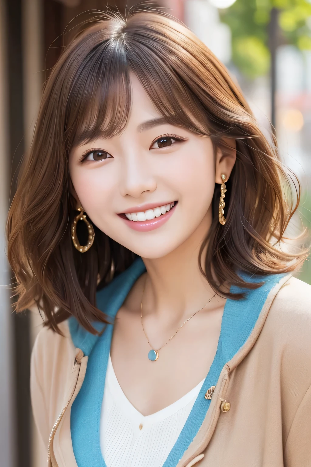 Beautiful young woman、 Korean women、Light brown hair、Wavy Hair、short hair、ear piercing、Necklace around the neck、blouse、Jacket、smile、Laughing with your mouth open、Beautiful teeth alignment、Intricate details, Very detailed:1.2), 、 Looking into the camera,The background is the town