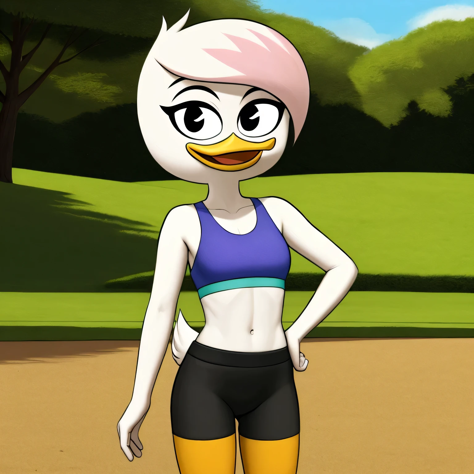 (by drockdraw:1.2) (by chelodoy:1) (by ashraely:1) lena sabrewing, white skin, white hair, pink highlights, orange legs:1.2, black eyes, scut tail, ducktales, eyeliner, beak, short hair, standing, solo:1.2, duck, beak, black shorts, happy, smiling, tight shorts, eyeliner, black eyes, wears sports bra, short hair (outside), (looking at viewer)