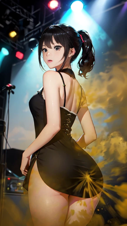 (((Women farting))),(girl farting while stand)),(stand mic),shocked,(a female singer),(wearing a short dress with stocking),(),(view from behind) (ponytail hair black hair),(Asian woman),(concert stage),(masterpiece:1.2、top-quality)、(the Extremely Detailed CG Unity 8K Wallpapers、ultra-detailliert、Best Shadows)、(Detailed background)、(The best lighting、extremely delicate and beautiful)、depth of fields、1girl in、report、upward looking gaze、