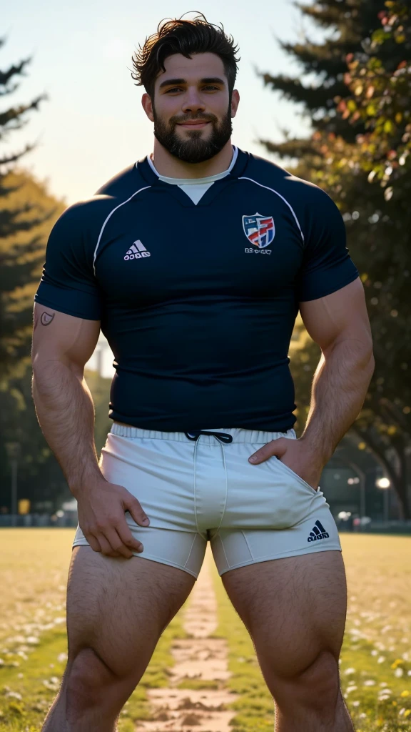 Down view of 1 pale man rugby player ,Full body, rugby player, sport tight pants, vpl, rugby esportive dirty uniform, Black wavy hair fade , wide shoulders, captivating large eyes, beard European 30yo man, closed smile, large lips, left neck look, neck tribal tattoo, volumeric light, wearing team rugby uniform, muscular chest, long legs, nice detailed thighs, field rugby bokeh background, colorful golden-hour vivid colors.