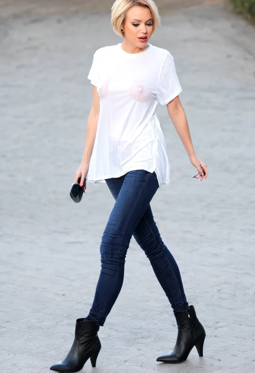 blonde woman, short hair, white t-shirt, skinny jeans, high heel boots, wetshirt