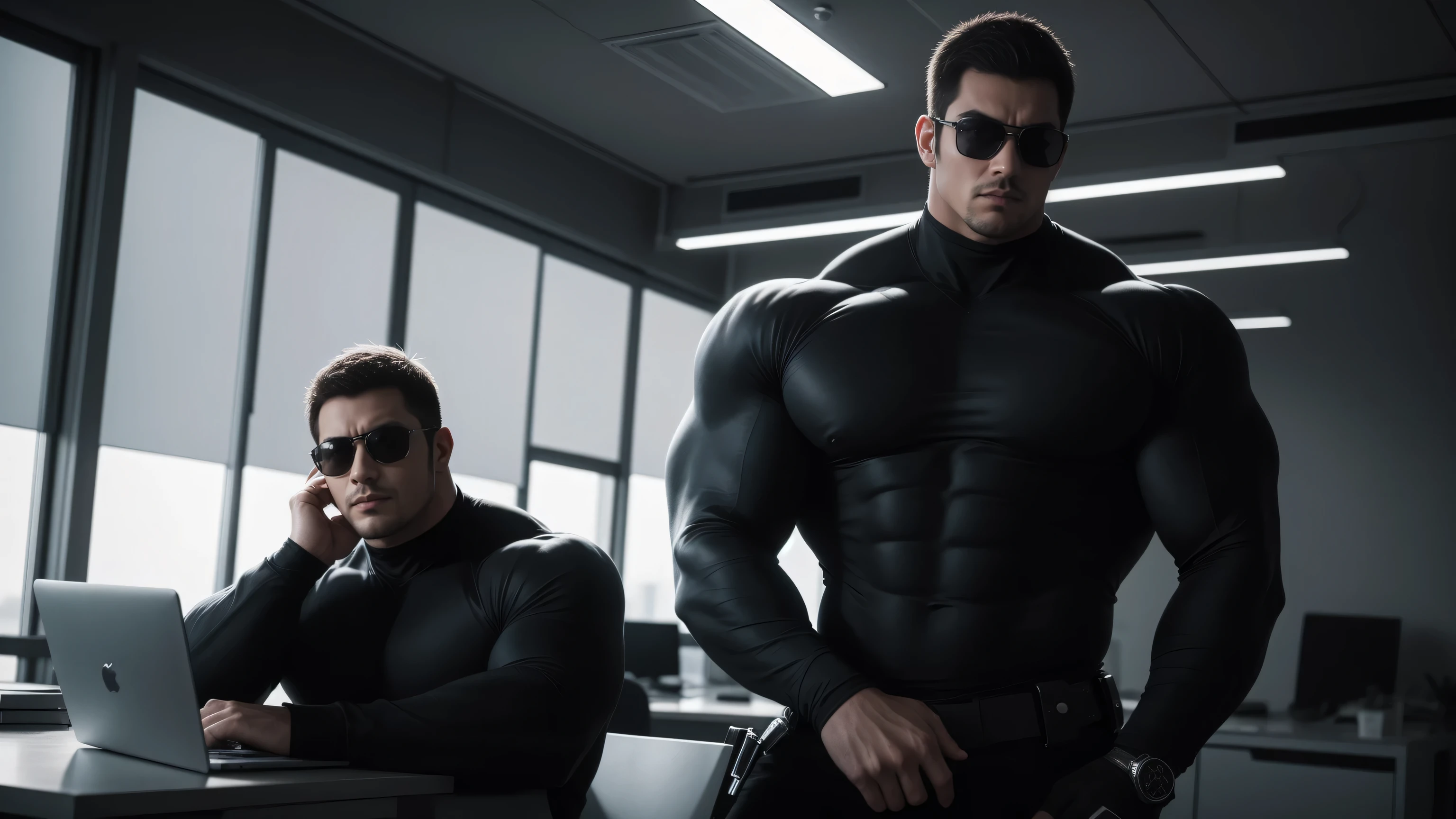 1 super muscular man, He wears sunglasses,suit,Sitting in the office,Working on a laptop with a focused look,He wears sunglasses,Buzz Cut,In a luxurious office, Wear a long-sleeved high-necked cream-colored tights, Wear it over a suit,tie,Thickened warm elastic texture,The clothes are very tight and wrap the muscles perfectly,The expression is arrogant, Thick thighs, High-necked long-sleeved cream turtleneck bodysuit, very tight, Regular symmetrical pattern, Highlight muscles, Police uniform pants, character concept(Resident Evil - Chris Redfield, Chris Redfield)A proud expression, Deep and charming eyes, Heroic male pose, tall Burly, muscular!muscular thighs, tough guy, perfect facial features, High, Burly, Heqiang, Super polished and cool, High Resolution Committee, Charismatic, Sunlight through the window, shine on body