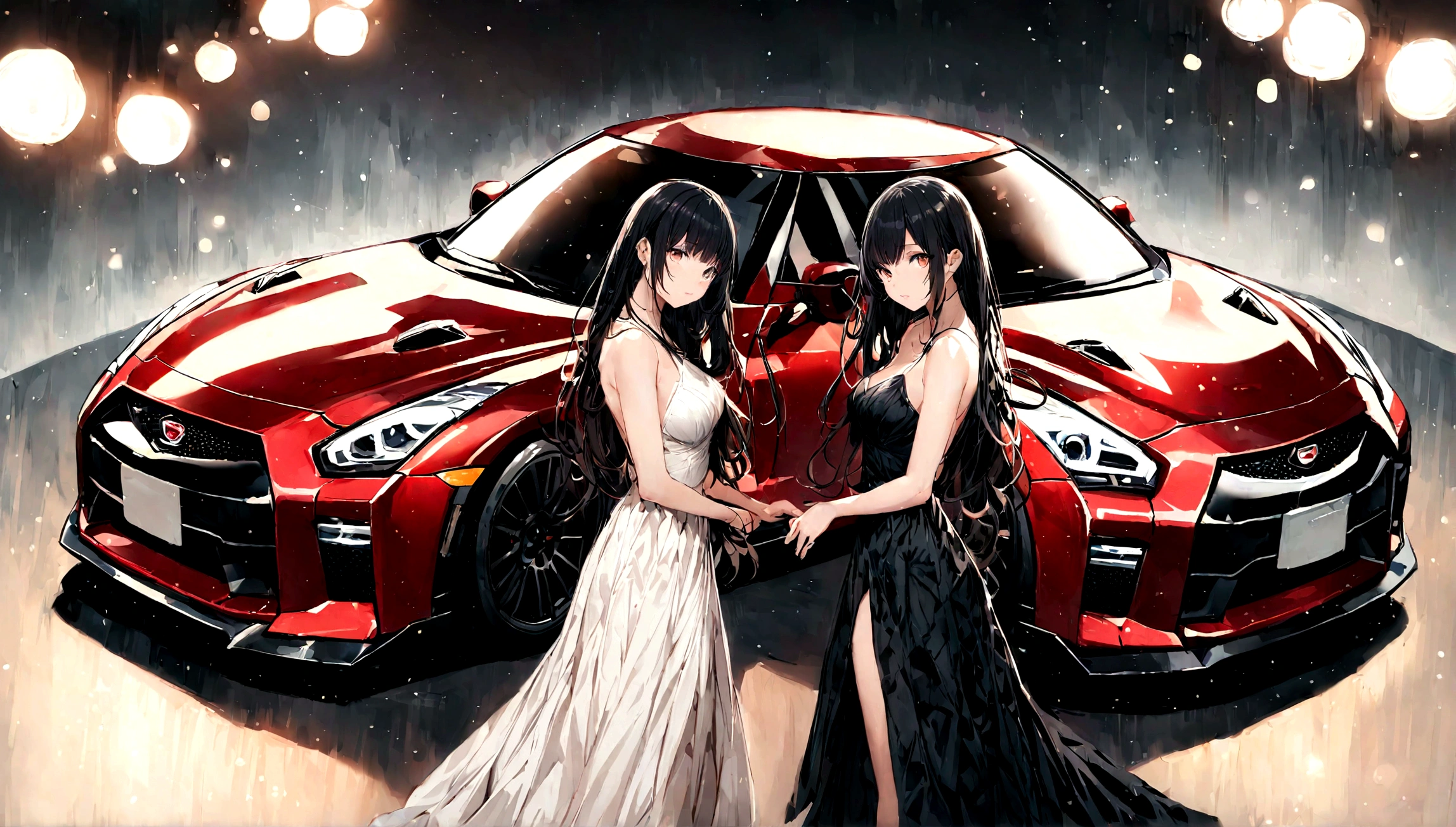 nissan gtr negro junto a una chica hermosa con un vestido ajustado