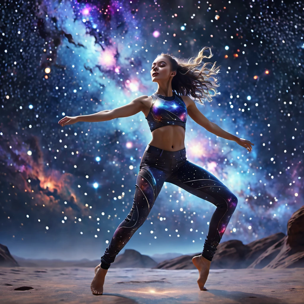 a cosmic girl dancing among the stars in nebula scenery, complete body head to toe, iconic dance stance, cinematic portrait, UHD, super detailed, luminescent, intricate, unreal engine,epic realism