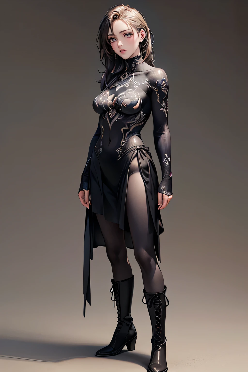 (masterpiece:1.2, highest quality), (Realistic, photoRealistic:1.4),1 female、Black boots with laces、((upright))、((front))、((Full body painting))、((Background Single Color))