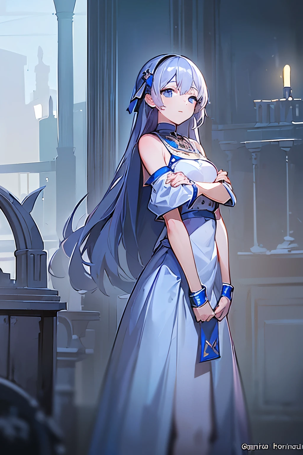 masterpiece, highest quality, Super detailed, figure,One girl, View Viewer, highest quality,Depth of written boundary,(Mouth closed,A light smile,blue eyes:1.1),Beautiful sparkle , (Sacred clothing:1.3),(Put your hands behind your back:1.3),(Put your arms behind your back:1.3),Flaming (Arknights),
