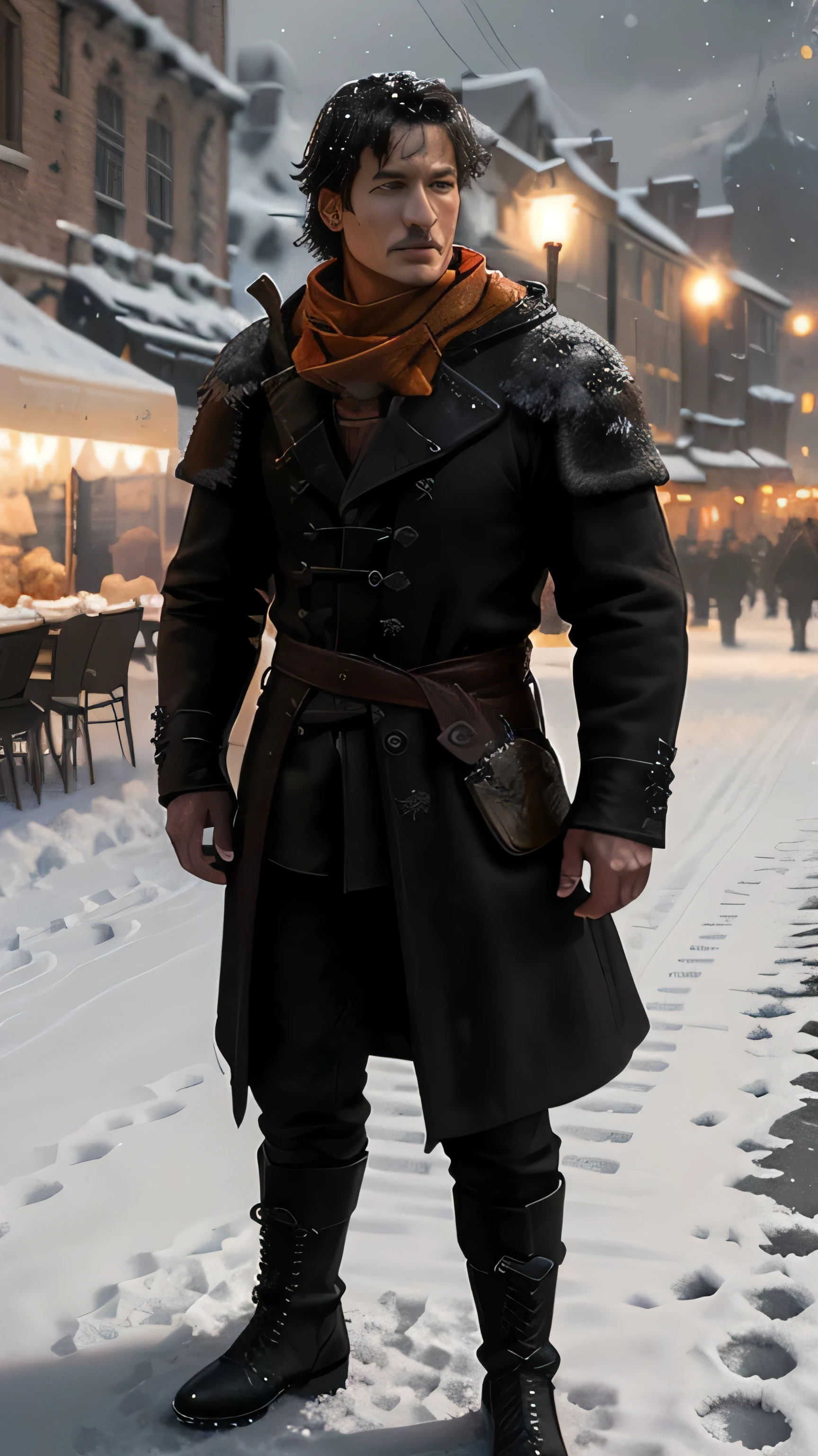 frostpunk, (Pedro Pascal) as Oberyn Martell, black coat, orange scarf, boots, standing, in a medival city, cold, winter, snow, Game of Thrones, (1man), (solo), (full body view), beautiful detailed glow, detailed, cinematic light, intricate detail, realistic, highres, detailed facial features, high detail, sharp focus, smooth, aesthetic, extremely detailed, stamp, octane render