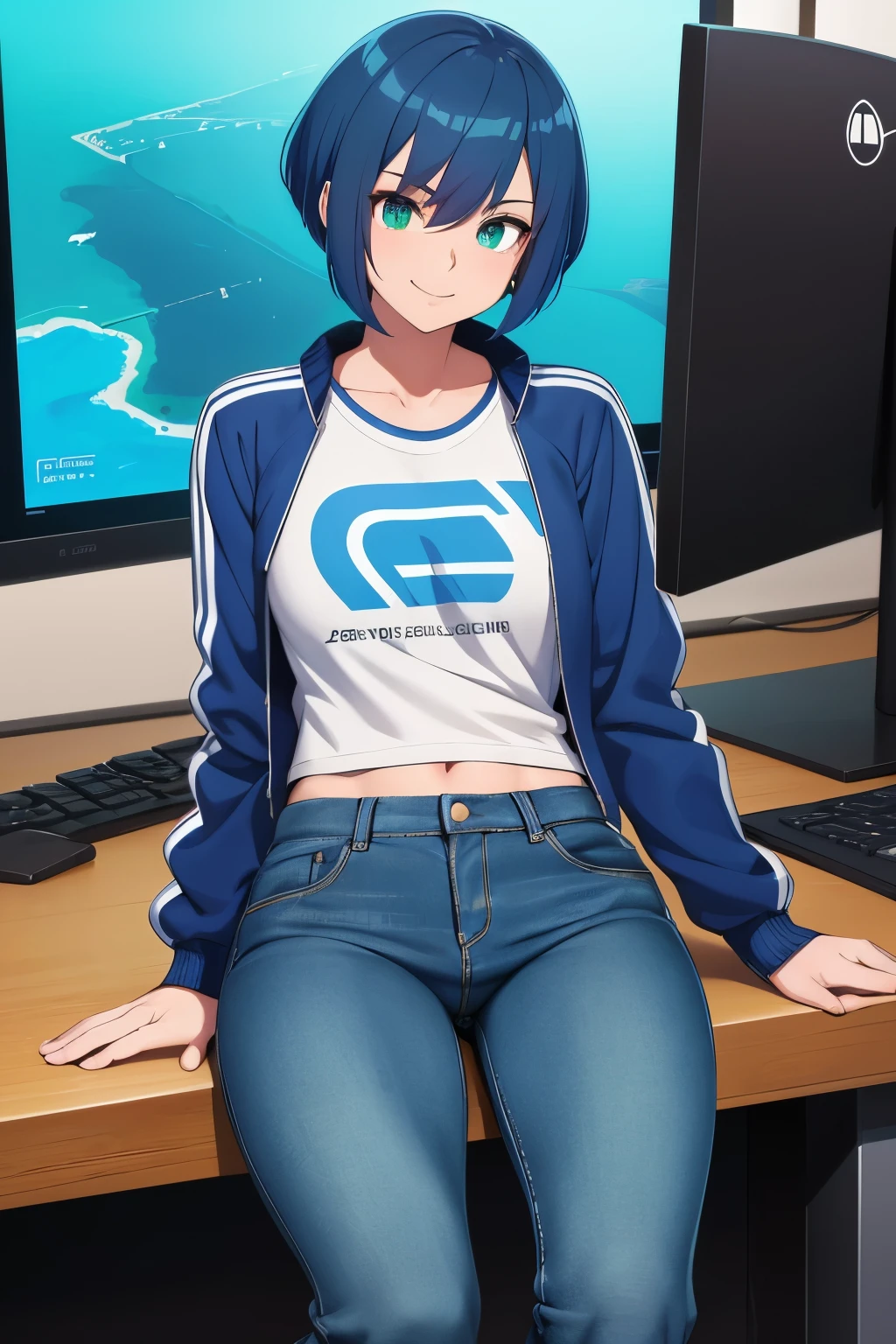 highest quality: 1.0), (Ultra-high resolution: 1.0), Anime Shōnen, Royal blue short hair, Green Eyes, Grey zip-up jacket, Nintendo T-shirt, smile, Long Blue Jeans Pants, Blue and white tennis shoes, sit in front of the computer and play games, E-sports room background,