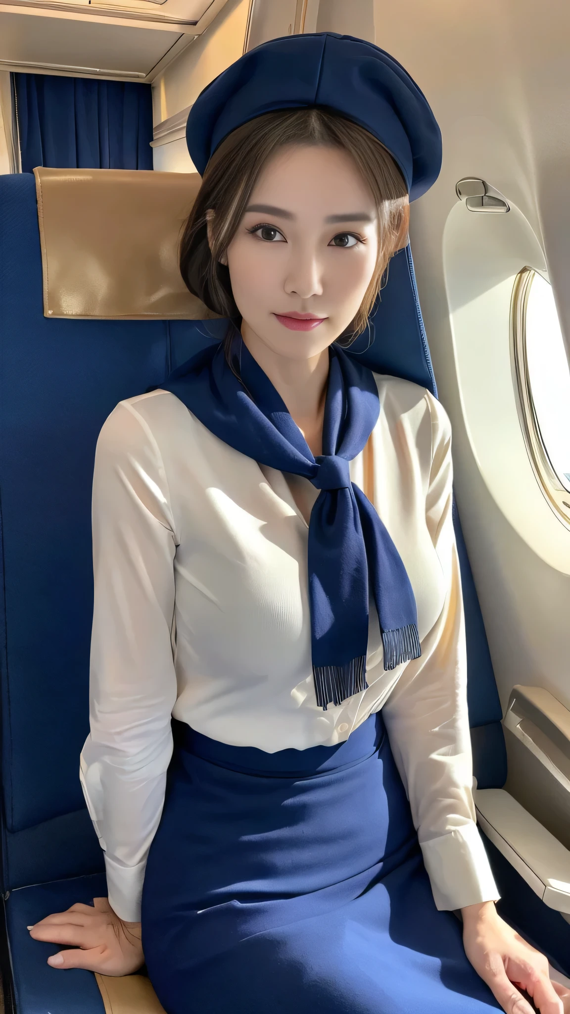 (8k, best quality, masterpiece, golden ratio composition,:1.3), (Zoom out shot:1.2), (A beautiful Japanese mature woman dressed in a classic flight attendant uniform, uniform is navy blue with a matching small beret, white blouse, red neck scarf, neatly styled hair ,light makeup), (huge breasts), standing in an airplane cabin