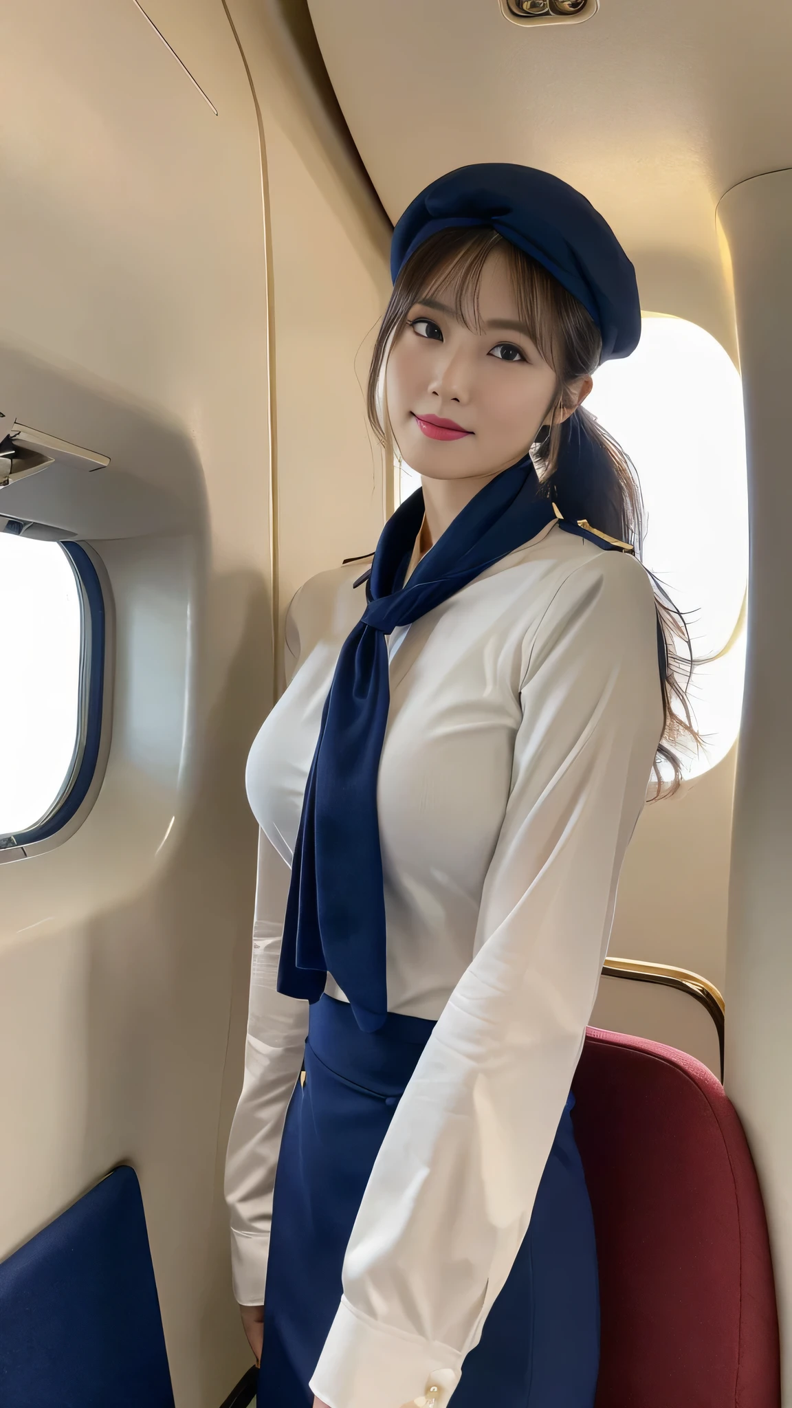 (8k, best quality, masterpiece, golden ratio composition,:1.3), (Zoom out shot:1.2), (A beautiful Japanese mature woman dressed in a classic flight attendant uniform, uniform is navy blue with a matching small beret, white blouse, red neck scarf, neatly styled hair ,light makeup), (huge breasts), standing in an airplane cabin