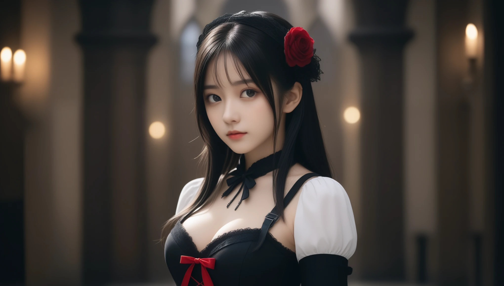 8k, Ultra-high resolution, highest quality, masterpiece, Rule of thirds photography,Surreal, photograph, 1 girl, (:1.3), pretty girl, Cute Face, Beautiful eyes in every detail, 細かくdetailedに,masterpiece,, One Girl:1.2, Japanese elementary ste full-length images,Front view))),((Ultra-Realistic Details)) 、 Portraiture 、 Octane Rendering , Ultra Sharp 、 ( Leather lace-up corset and panties、garter belt,Shiny black silk stockings),((Bondage and Gothic Lolita)) 、Intricate decorative details 、 Vibrant colors 、 Very intricate detail 、 Realistic Light 、 CG Trends、Sparkling eyes、To the camera、Small breasts、Long straight black hair、whole bodyを直立させた姿勢、Inner part of a cathedral,Looking at the audience、beauty,Long neck、Laugh a little、Please close your mouth and laugh、(((Ideal body type))),A-cup small breasts :2,whole body、Perfect Anatomy、鮮明なdetailed、detailed、Surreal、Light and shadow,Strong light